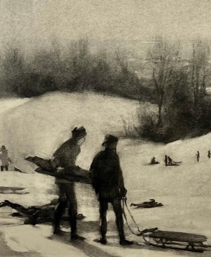Sledders - Scène de neige d'hiver - Enfants jouant sur des flèches, dessin au fusain vers 1950-60 en vente 1