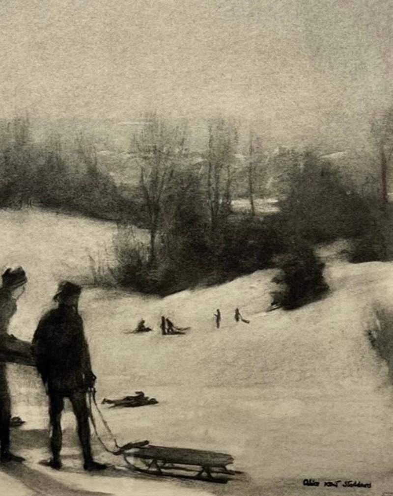 Schlittenfahrer - Winterschneeszene - Kinder spielen auf Schlitten, Kohlezeichnung um 1950-60 im Angebot 2