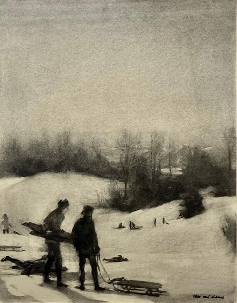 Sledders - Scène de neige d'hiver - Enfants jouant sur des flèches, dessin au fusain vers 1950-60 en vente 3