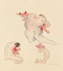 Vintage Untitled - 1968 Watercolor & Pencil - Three Surrealist Figures - Surrealism