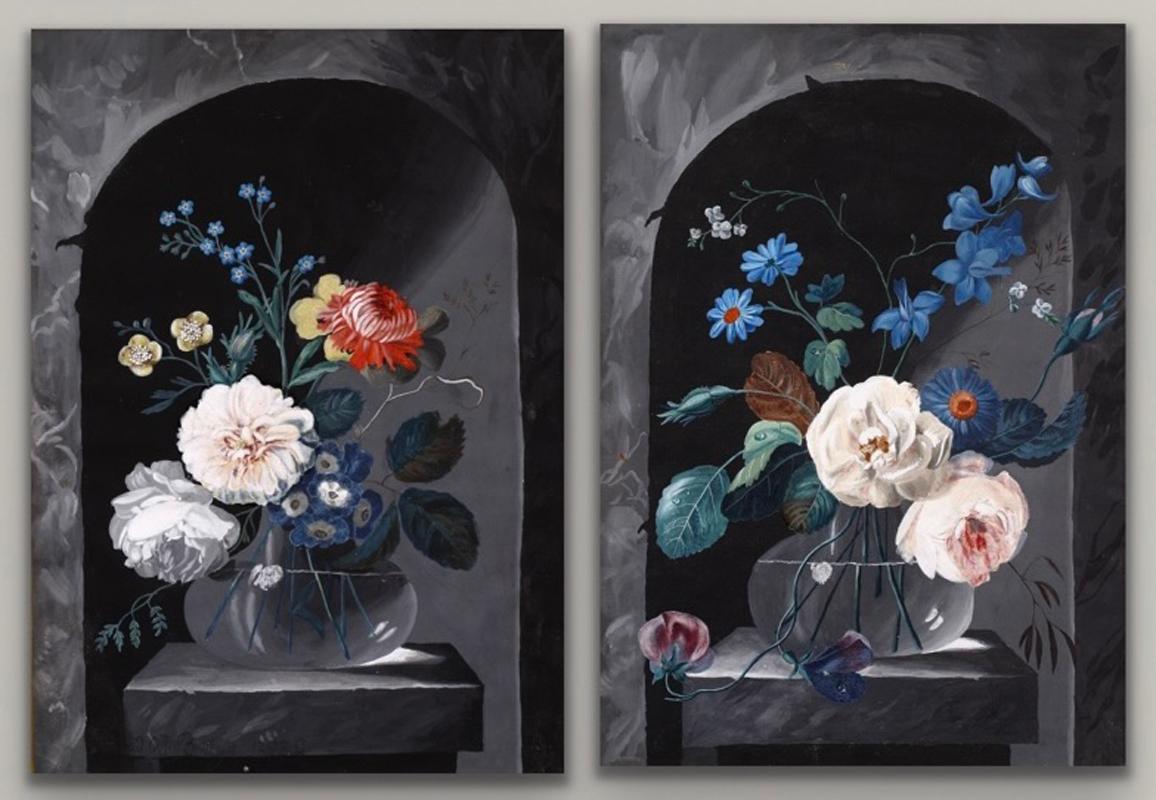 Still-Life Painting Cornelis Johannes de Bruyn - Paire de natures mortes hollandaises du 18e siècle Fleurs dans un vase en verre 1797 