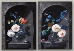 Coppia di acquerelli di nature morte olandesi del XVIII secolo Fiori in un vaso di vetro 1797 