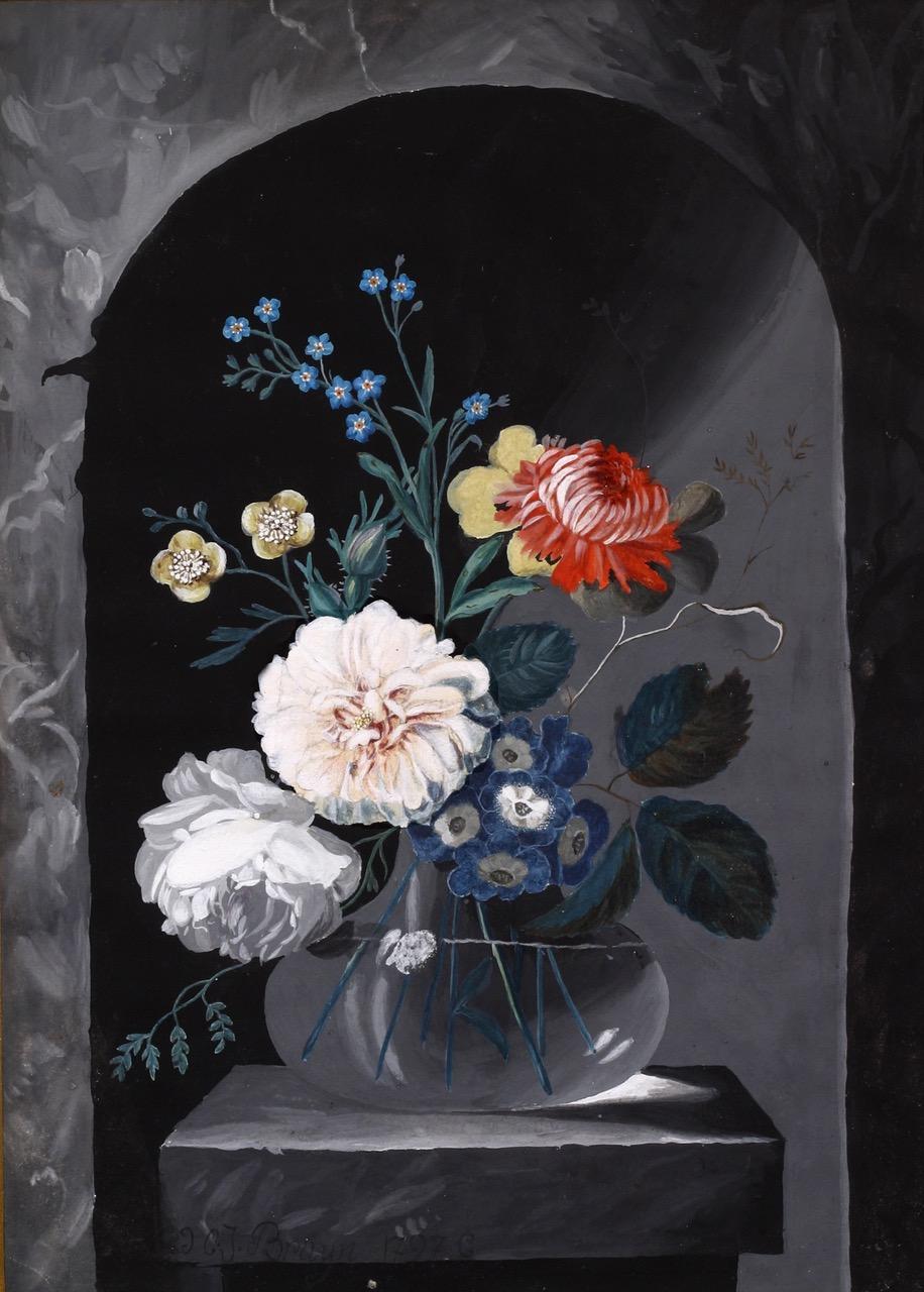 A Pair of 18th cent Dutch Still Life Watercolors Flowers in a Glass Vase 1797  - Dutch School Painting by Cornelis Johannes de Bruyn