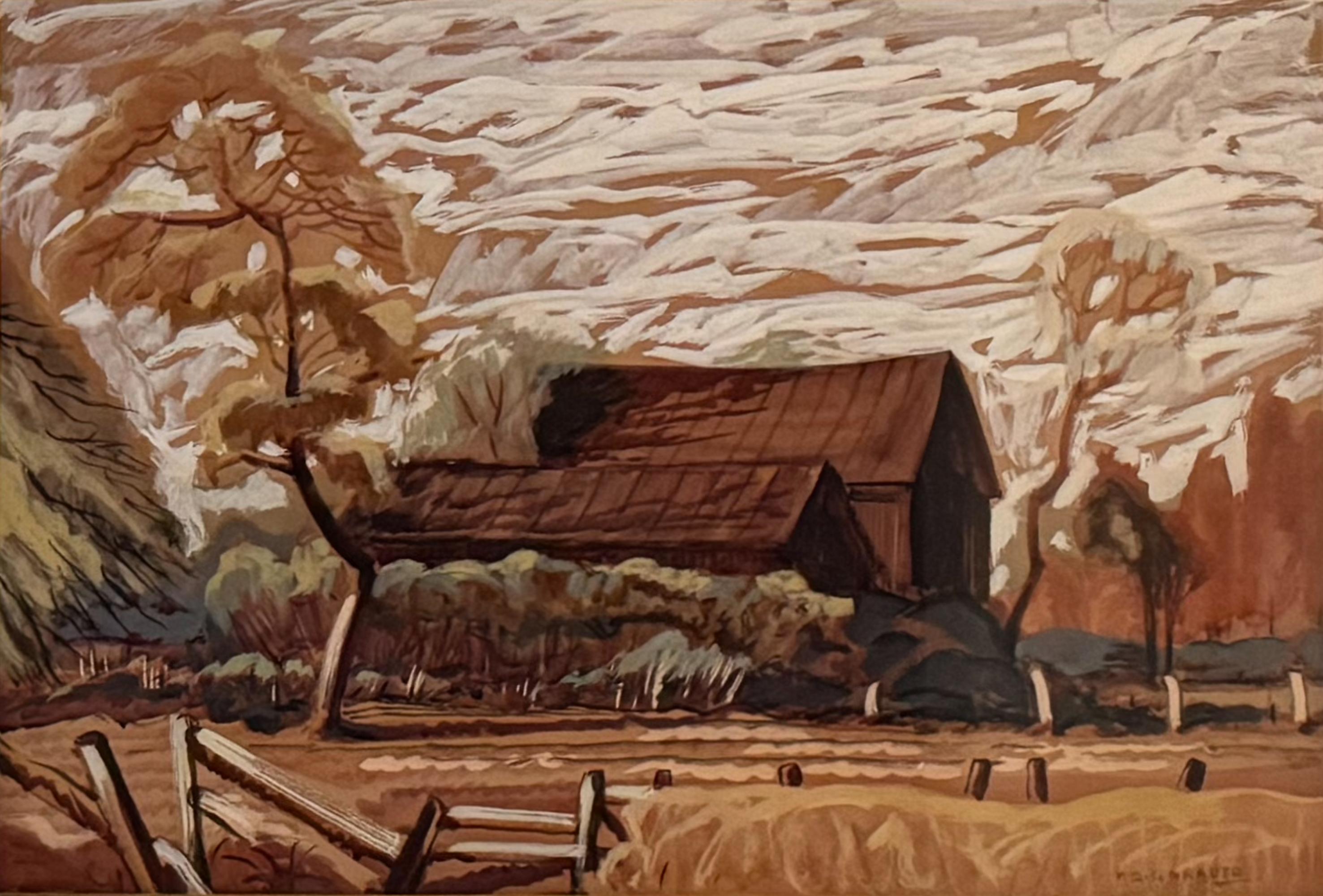 WILLIAM C GRAUER Barn 
Windy Autumn Sky, wc 
gouache 1950s Cleveland School - Mixed Media Art by William C. Grauer