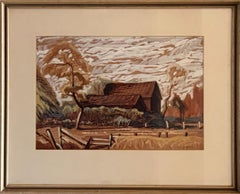 WILLIAM C GRAUER Barn & Windy Autumn Sky, wc & gouache 1950s Cleveland School