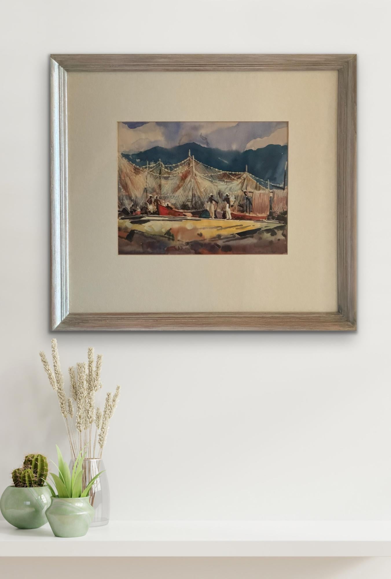 William C. Grauer Senza titolo (Pescatori dei Caraibi con barche e reti da pesca) 1950s WC in vendita 5