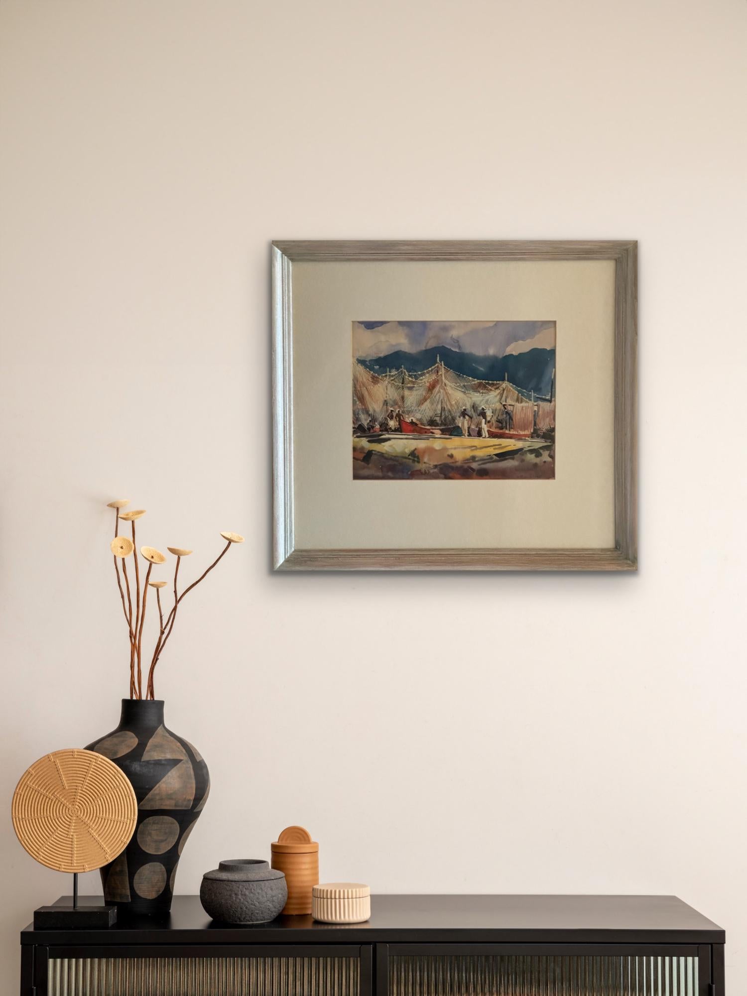 William C. Grauer Senza titolo (Pescatori dei Caraibi con barche e reti da pesca) 1950s WC in vendita 4