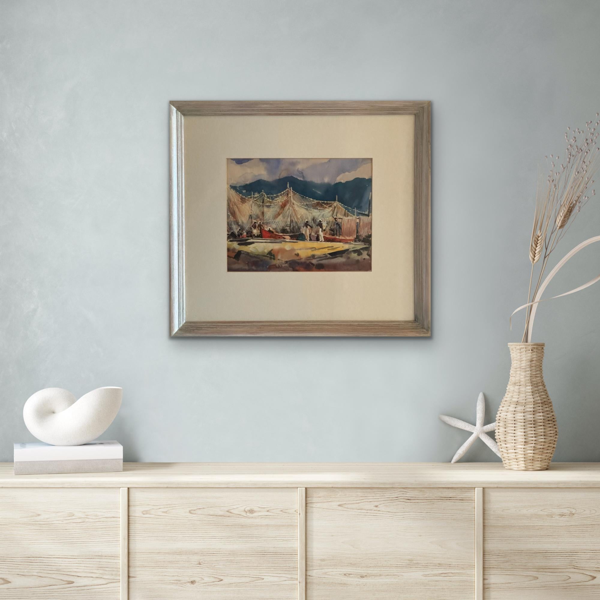 William C. Grauer Senza titolo (Pescatori dei Caraibi con barche e reti da pesca) 1950s WC in vendita 8