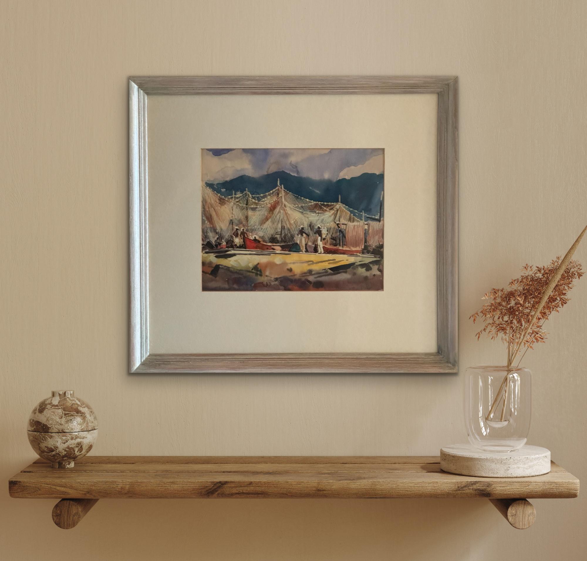 William C. Grauer Senza titolo (Pescatori dei Caraibi con barche e reti da pesca) 1950s WC in vendita 6