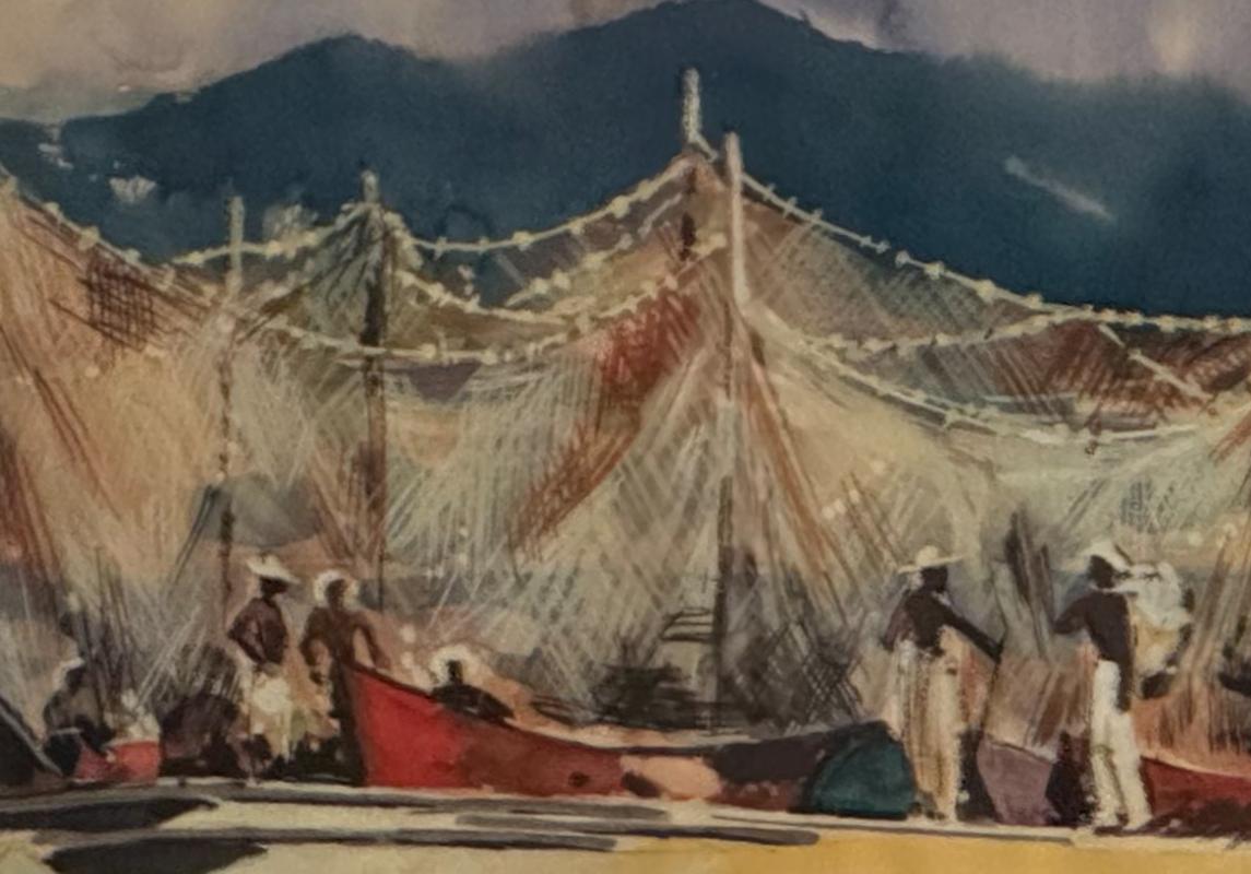 William C. Grauer Senza titolo (Pescatori dei Caraibi con barche e reti da pesca) 1950s WC in vendita 2