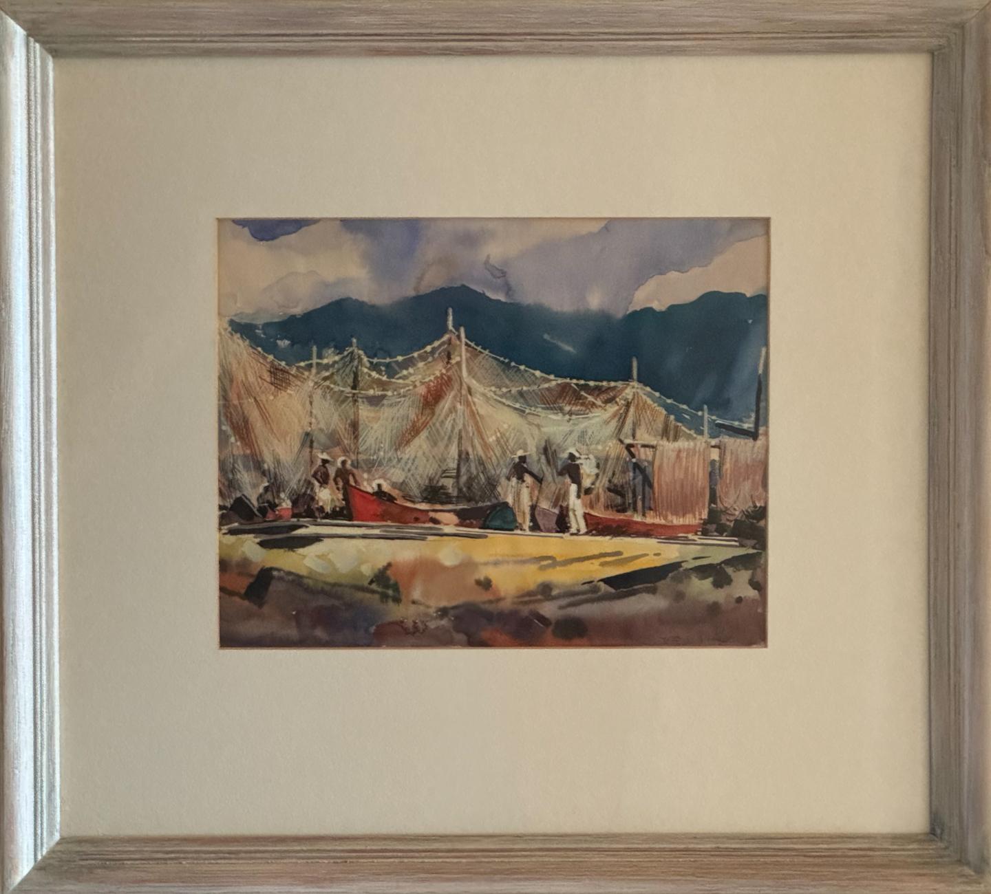 William C. Grauer Senza titolo (Pescatori dei Caraibi con barche e reti da pesca) 1950s WC in vendita 1