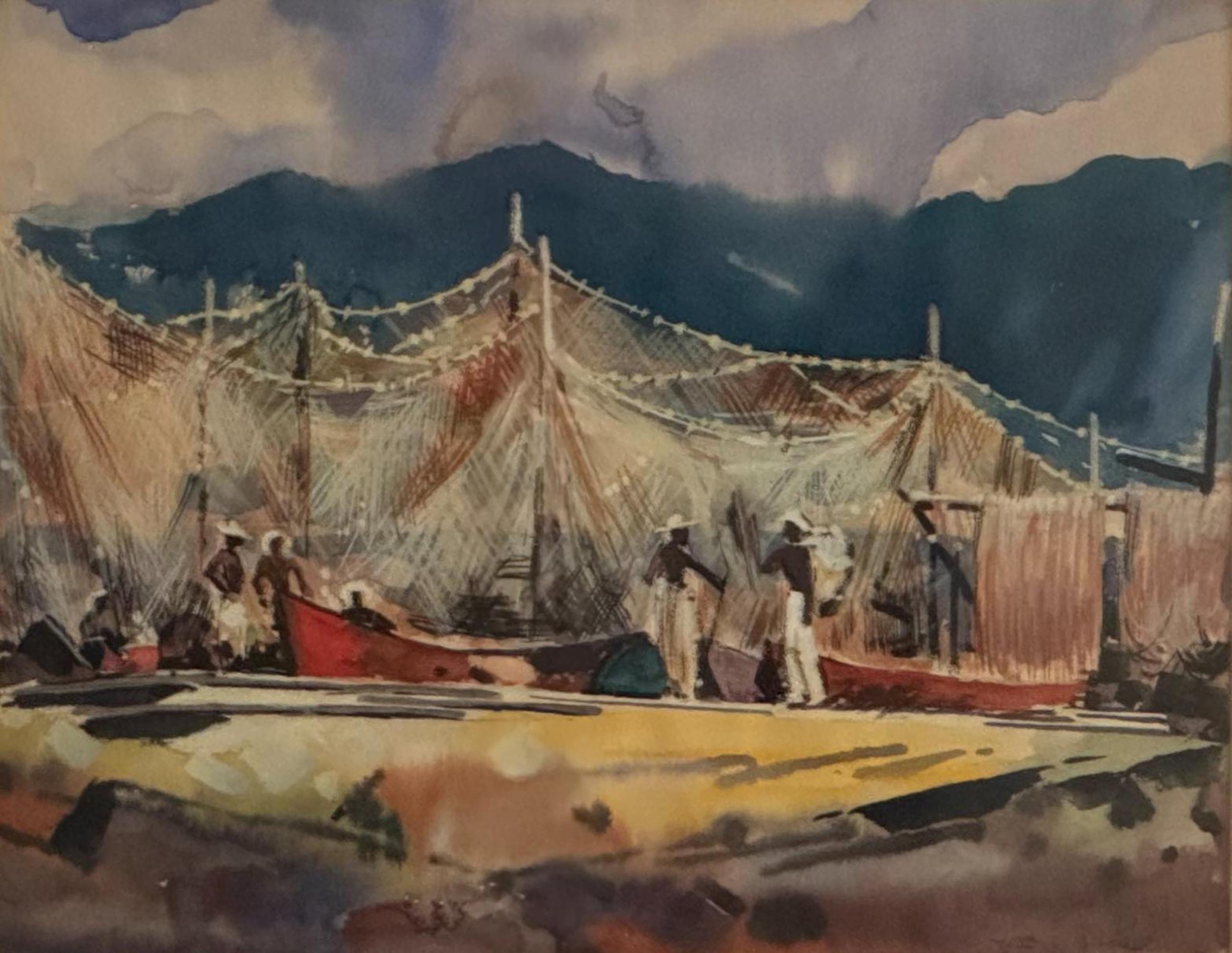 WILLIAM C GRAUER Caribbean Fishermen boats fishing nets 1950s Cleveland School