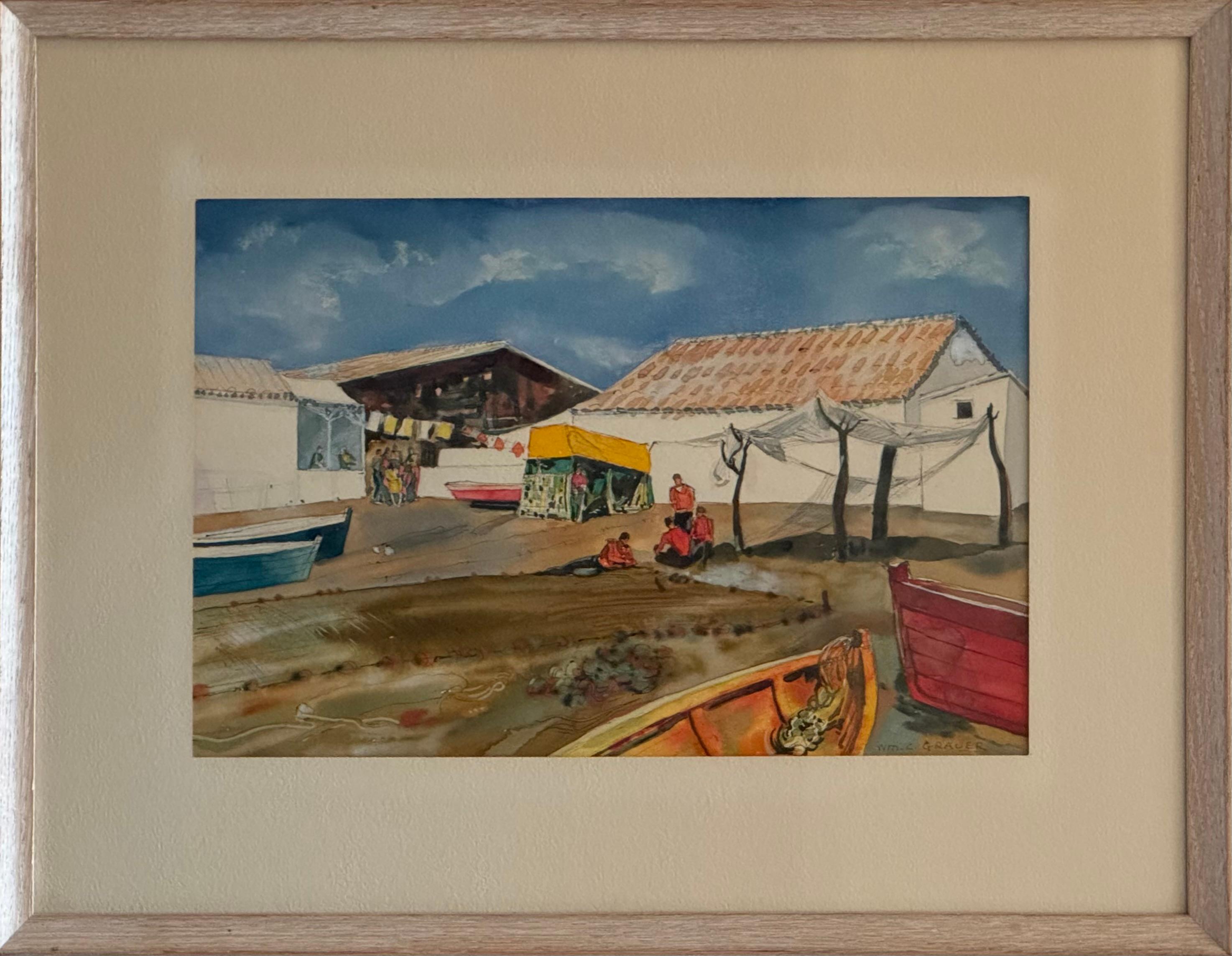 WILLIAM GRAUER (Barcos de pescadores Caribe o Mediterráneo) 1960s wc - Art de William C. Grauer