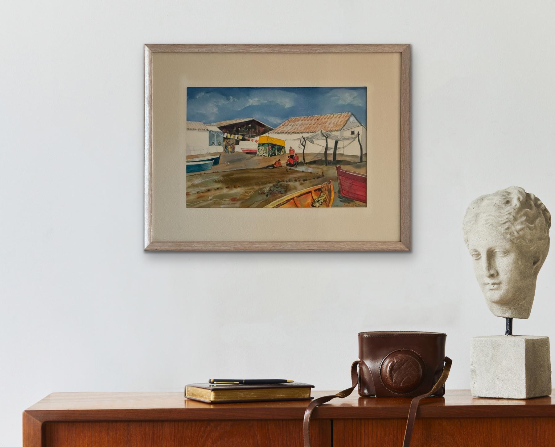 WILLIAM GRAUER (Barcos de pescadores Caribe o Mediterráneo) 1960s wc - Art Moderno de William C. Grauer