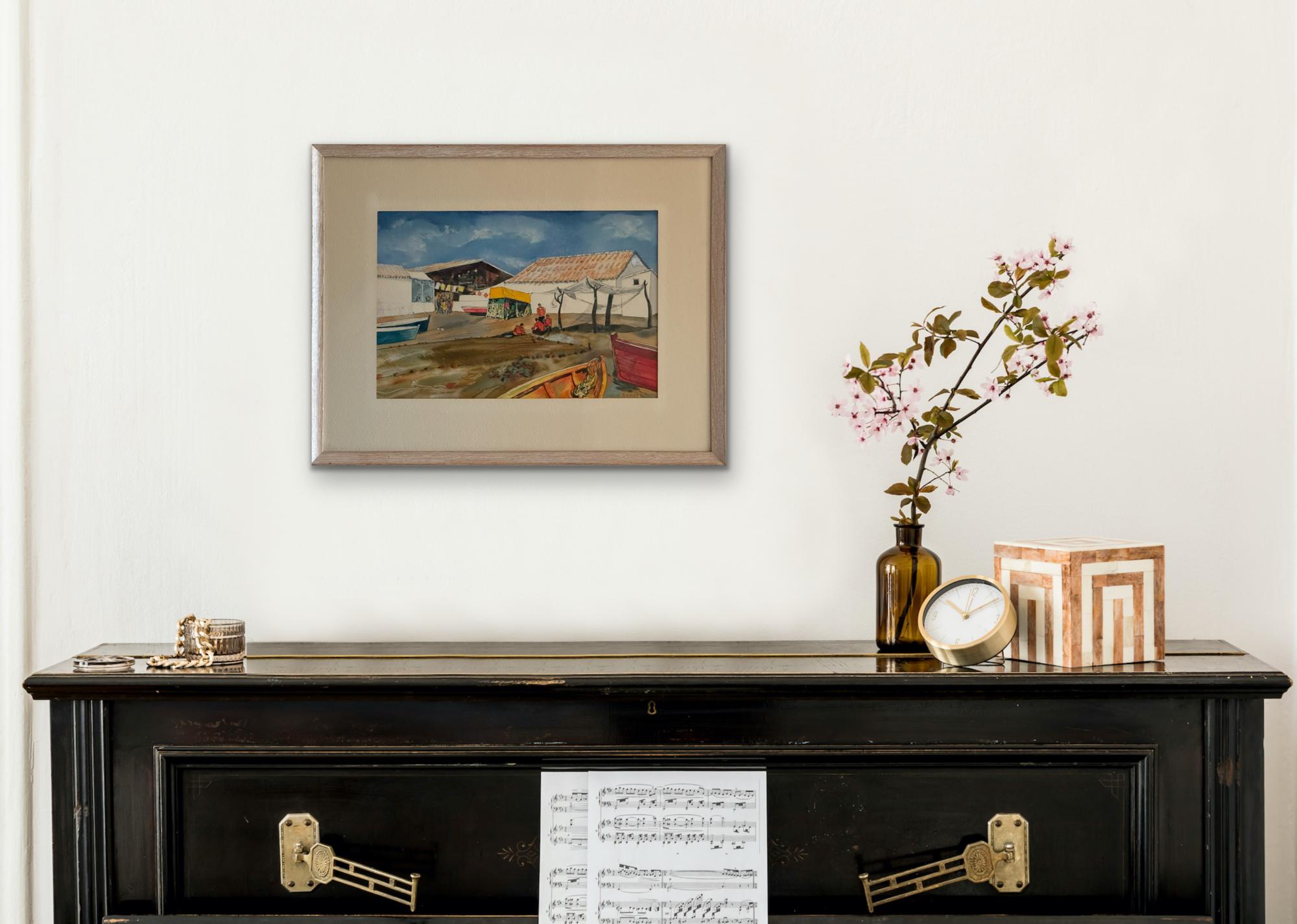 Esta acuarela de los años 60 de William C. Grauer muestra un pequeño pueblo de pescadores (del Caribe o del Mediterráneo) atrapado en un momento brillante y azotado por el viento. Los edificios son simples rectángulos blancos con tejados de tejas,