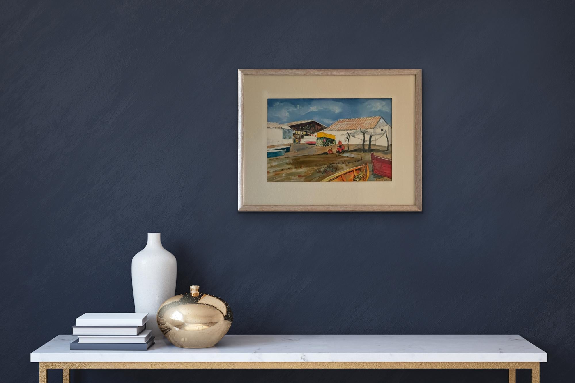 WILLIAM GRAUER (Barcos de pescadores Caribe o Mediterráneo) 1960s wc - Figurative Art Gris de William C. Grauer