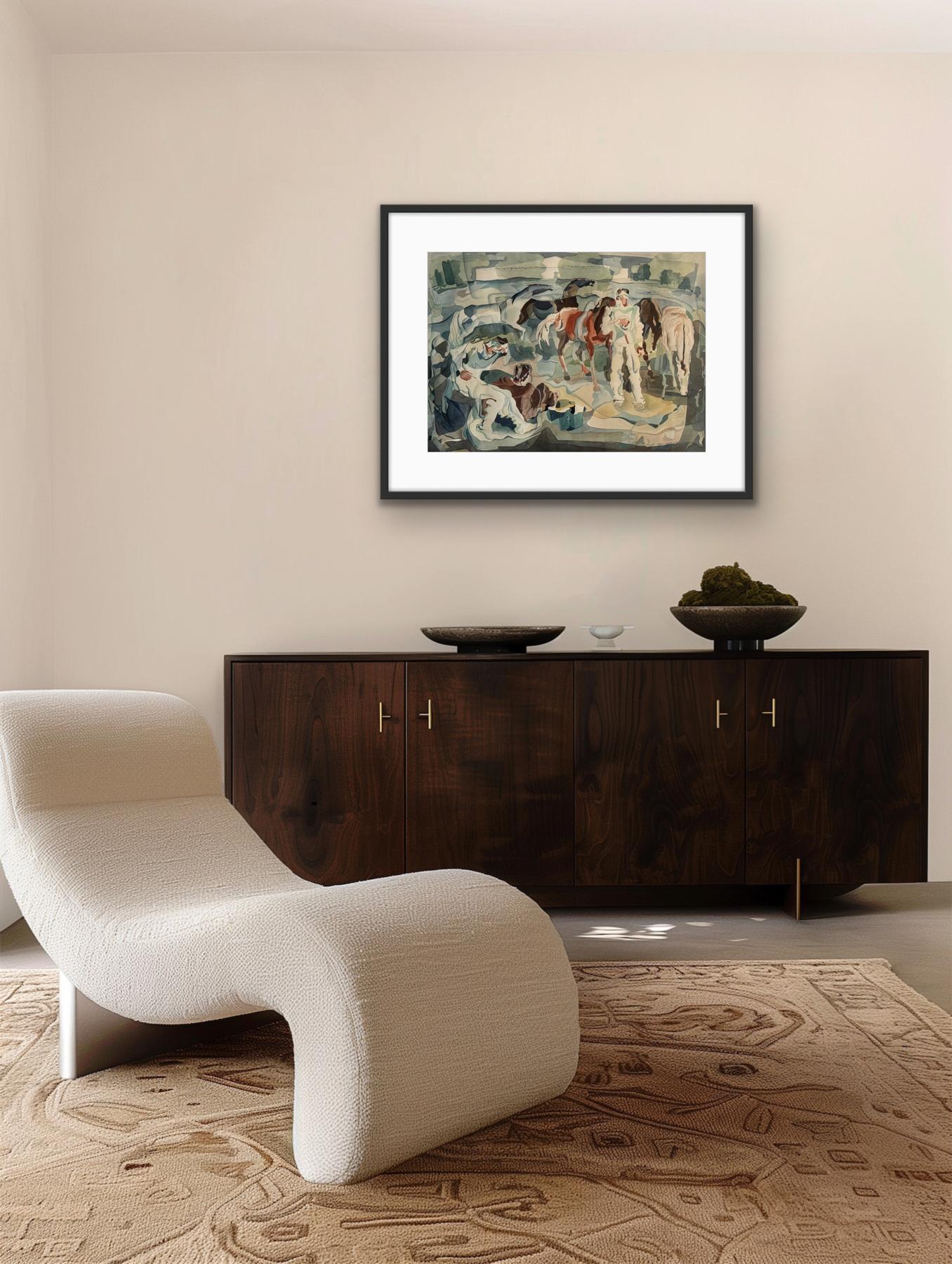 William C. Grauer Senza titolo (Uomini e cavalli) 1940s cubist WC in vendita 2