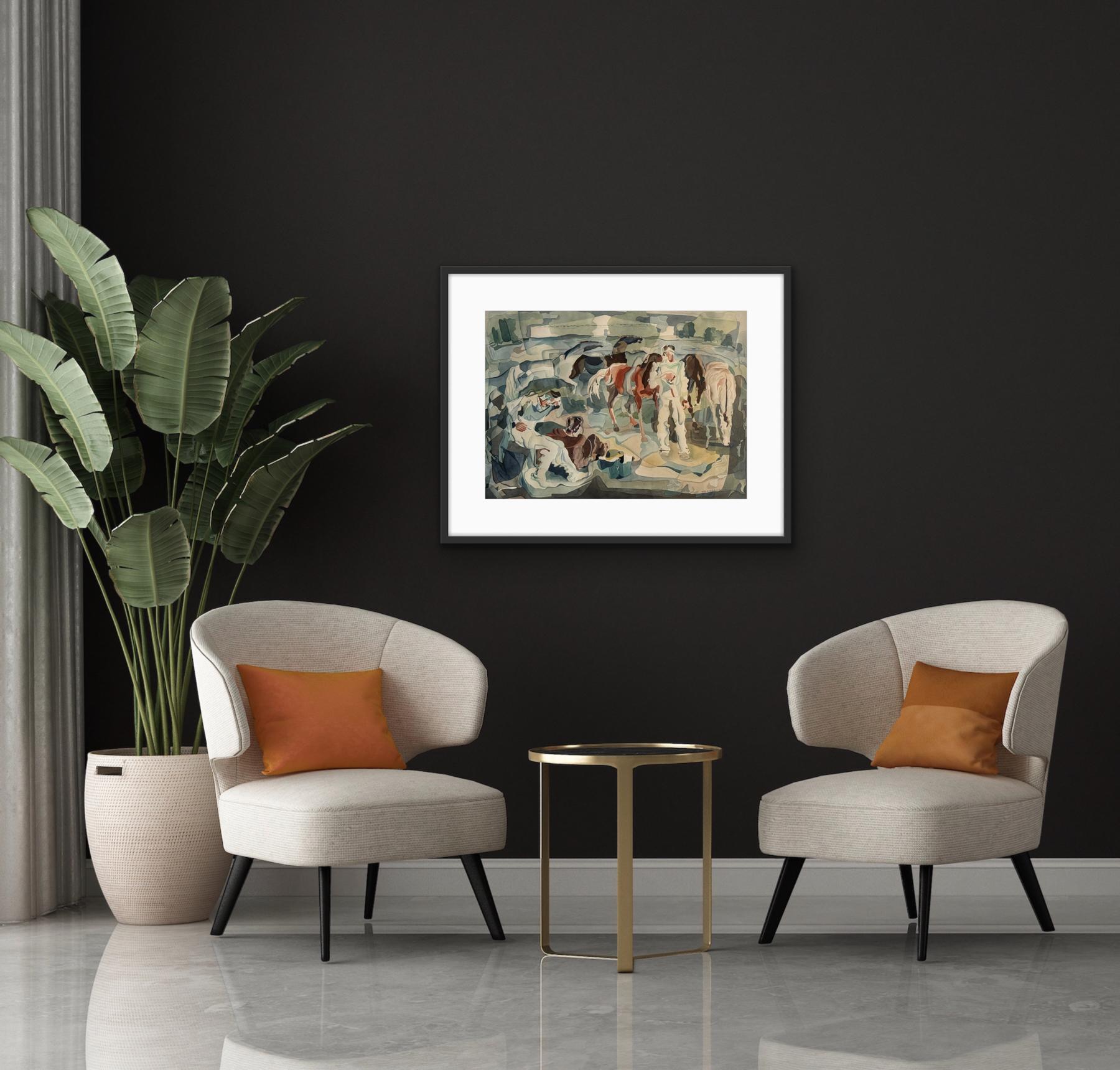 William C. Grauer Senza titolo (Uomini e cavalli) 1940s cubist WC in vendita 9