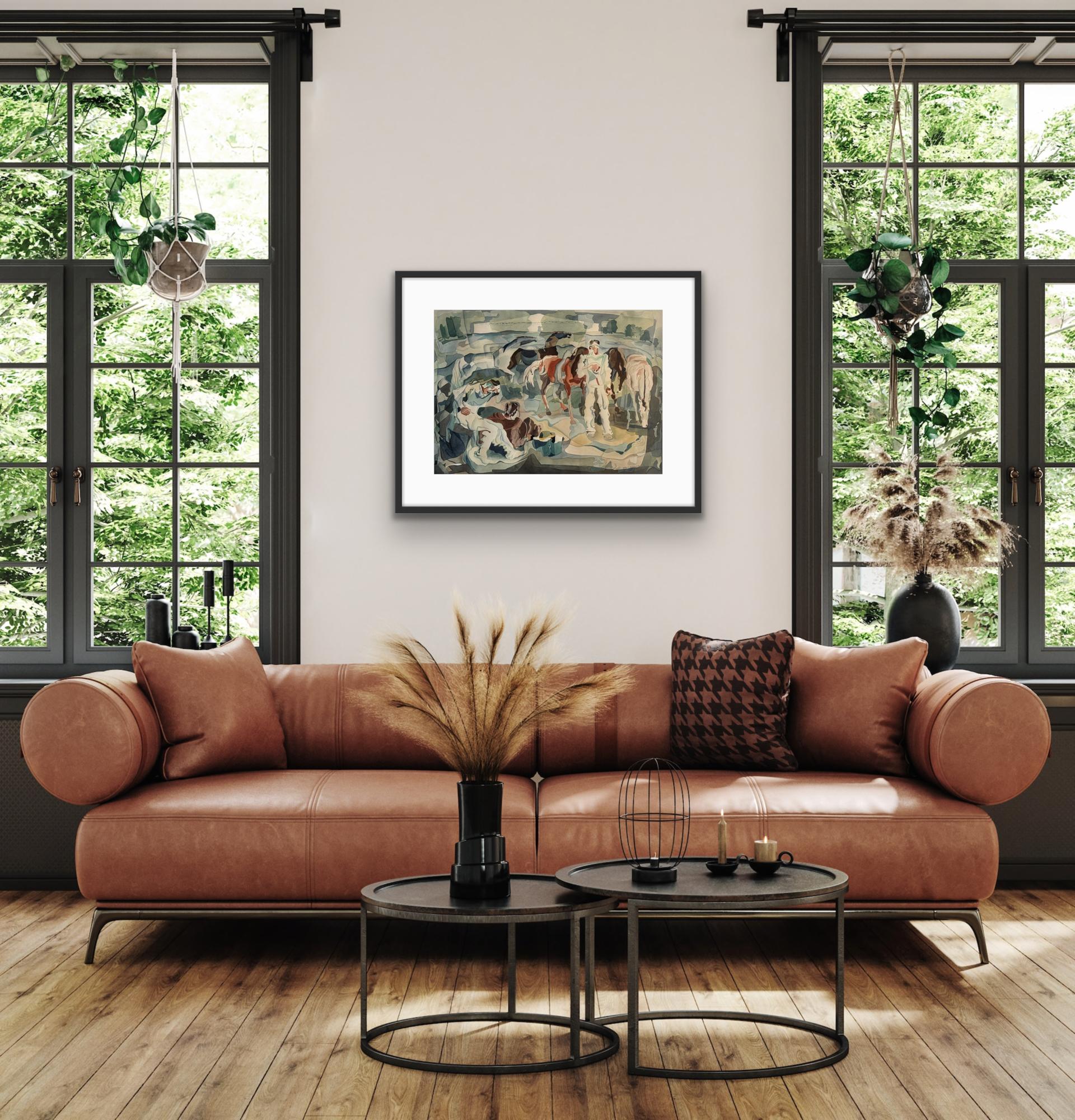 William C. Grauer Senza titolo (Uomini e cavalli) 1940s cubist WC in vendita 3