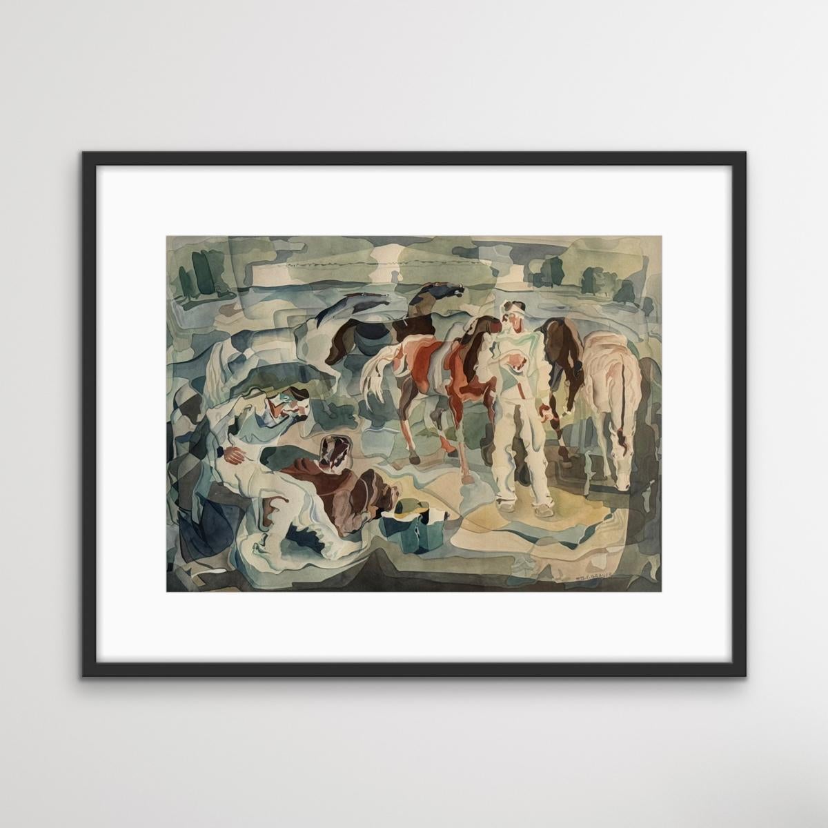 William C. Grauer Senza titolo (Uomini e cavalli) 1940s cubist WC in vendita 1