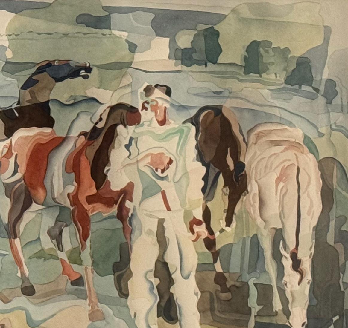 William C. Grauer Senza titolo (Uomini e cavalli) 1940s cubist WC in vendita 4