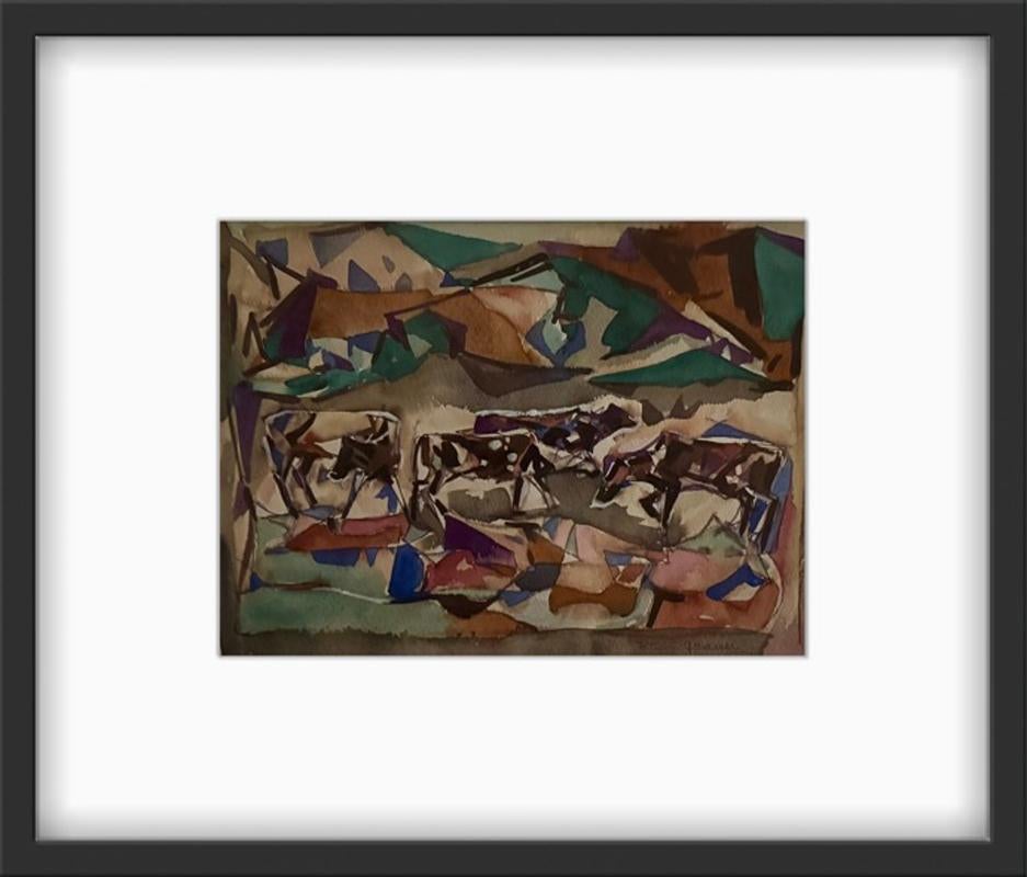 William C GRAUER 1940s Cows Cleveland School Cubist WC - Art de William C. Grauer