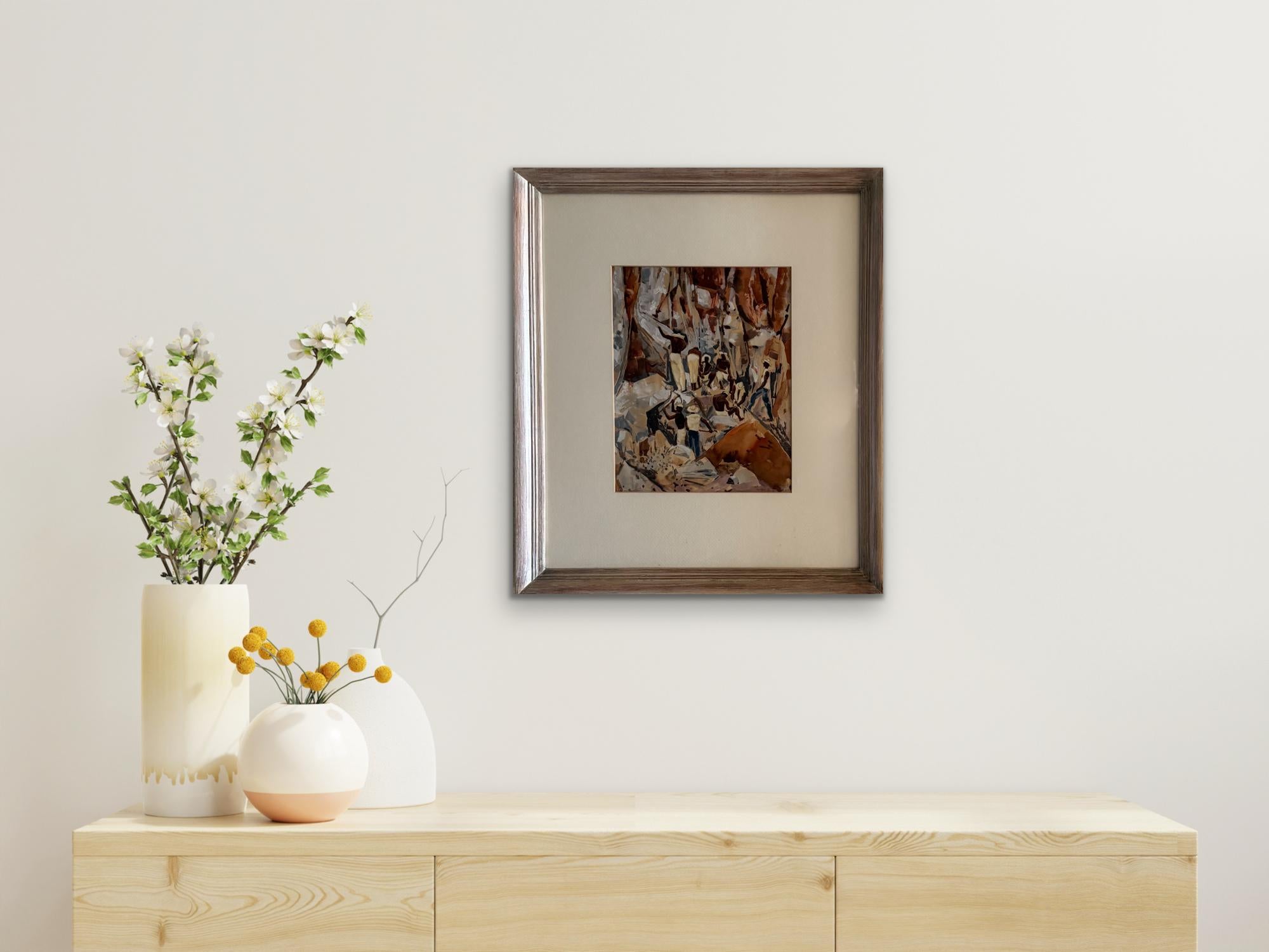 The watercolor shows a cliff alive with workers. At first glance it feels almost abstract, a tangle of ochres, grays, and rusty browns. Then the figures begin to emerge. Men in light trousers and dark shirts, some bare chested, others with hats