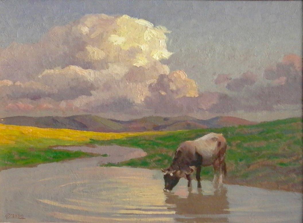 Cow Watering in Italian Countryside Impressionist Landscape (blue, green, yellow - Painting by Alberto Zardo