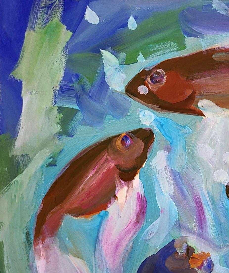 Drei Fische – farbenfrohe blau-grüne, lavendel-lila, weiß-orange (Expressionismus), Art, von Merton Clivette