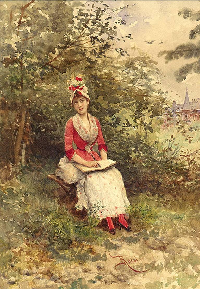 Landscape Art Lucius Rossi - Jolie femme dans une robe rouge et blanche avec des fleurs dans son bonnet (impressionniste)