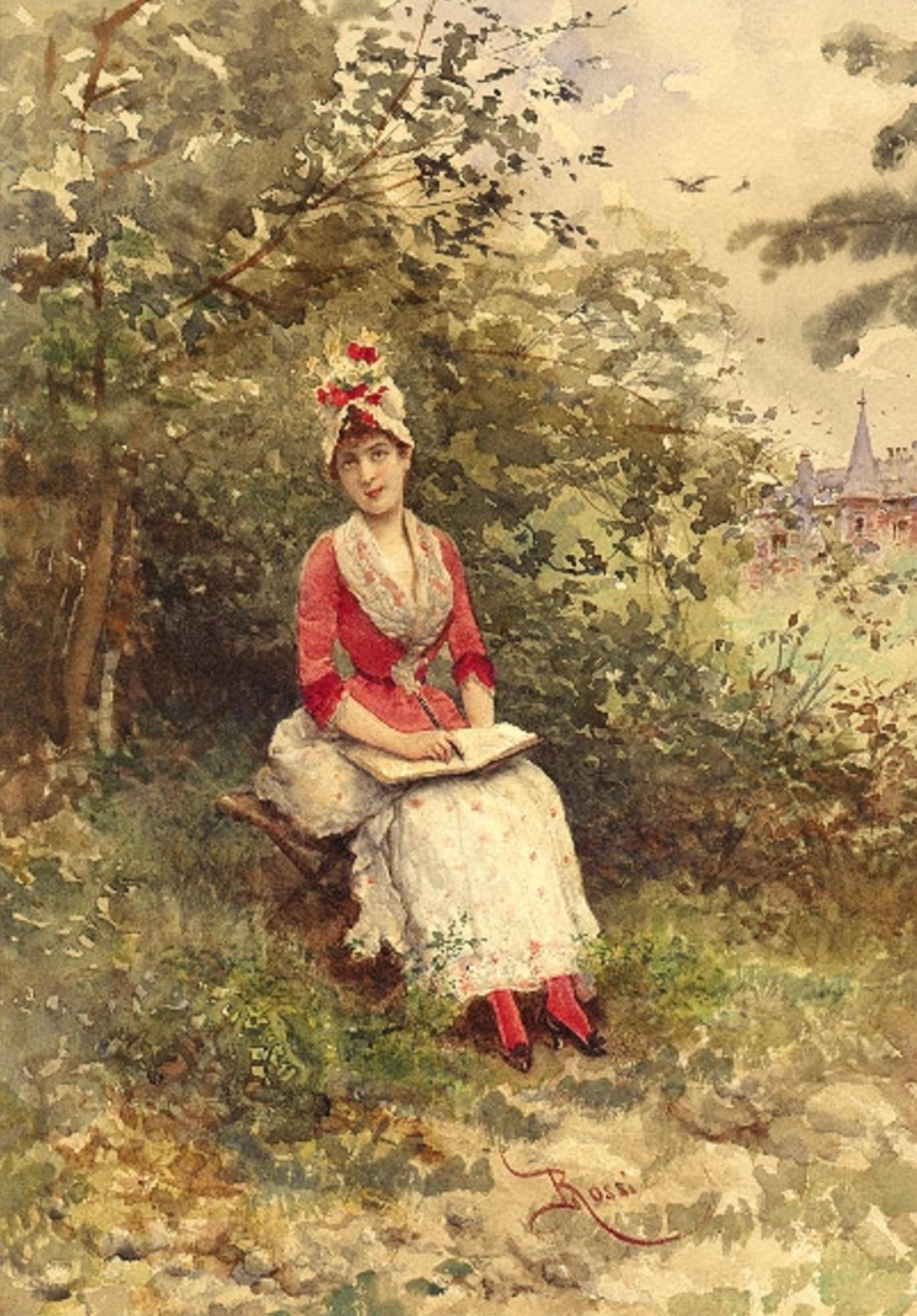 Jolie femme dans une robe rouge et blanche avec des fleurs dans son bonnet (impressionniste) - Marron Landscape Art par Lucius Rossi