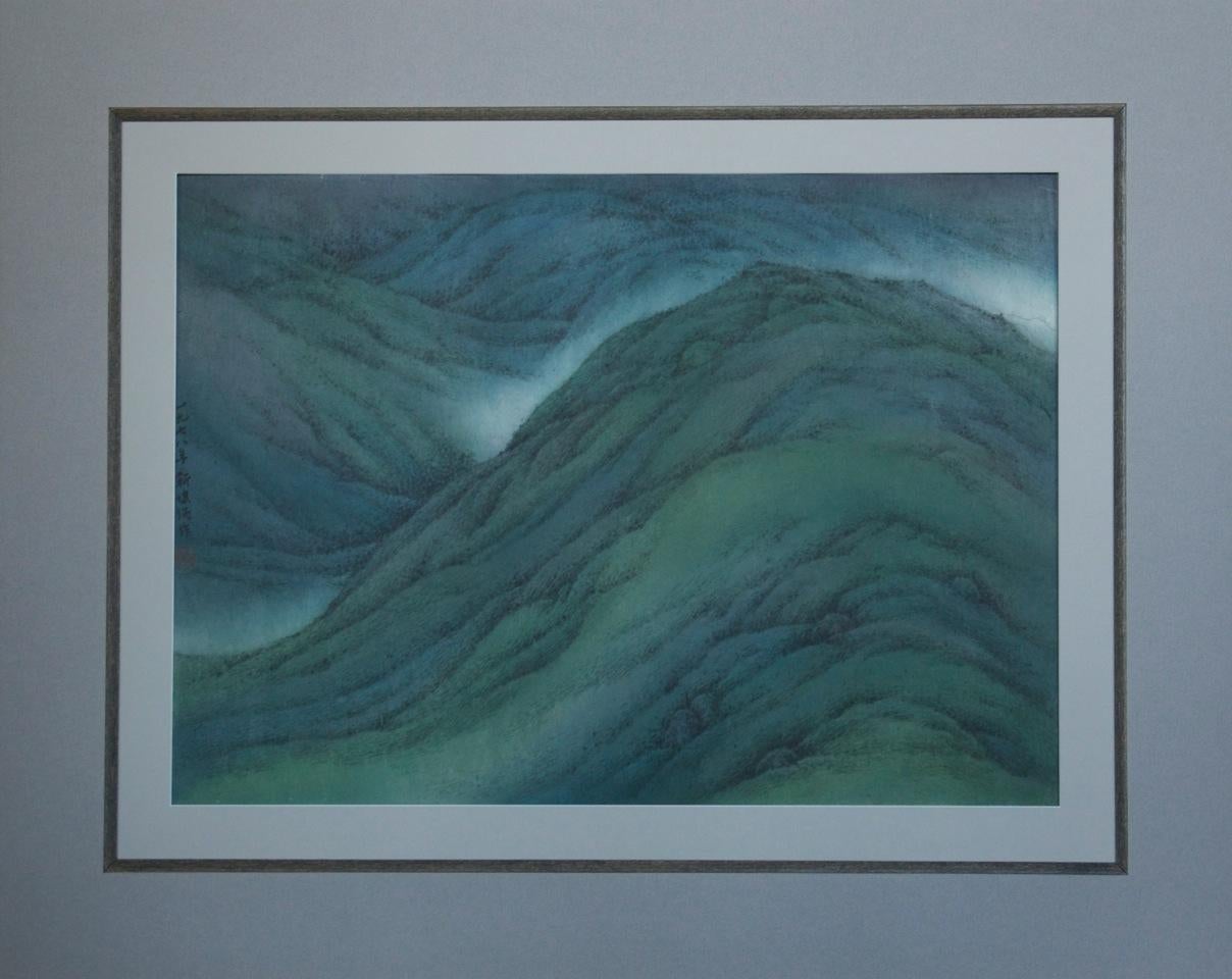 Spring Mountain 1978 Moderne Chinois WC Sumi Painting bleu vert contemporain - Gris Abstract Drawing par Kan Tai-Keung