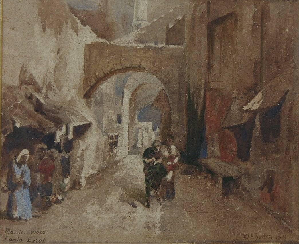 Arab Marketplace (Souk) in Tanta, Egypt 1874 Orientalist watercolor by W. Burton - Art by William Paton Burton