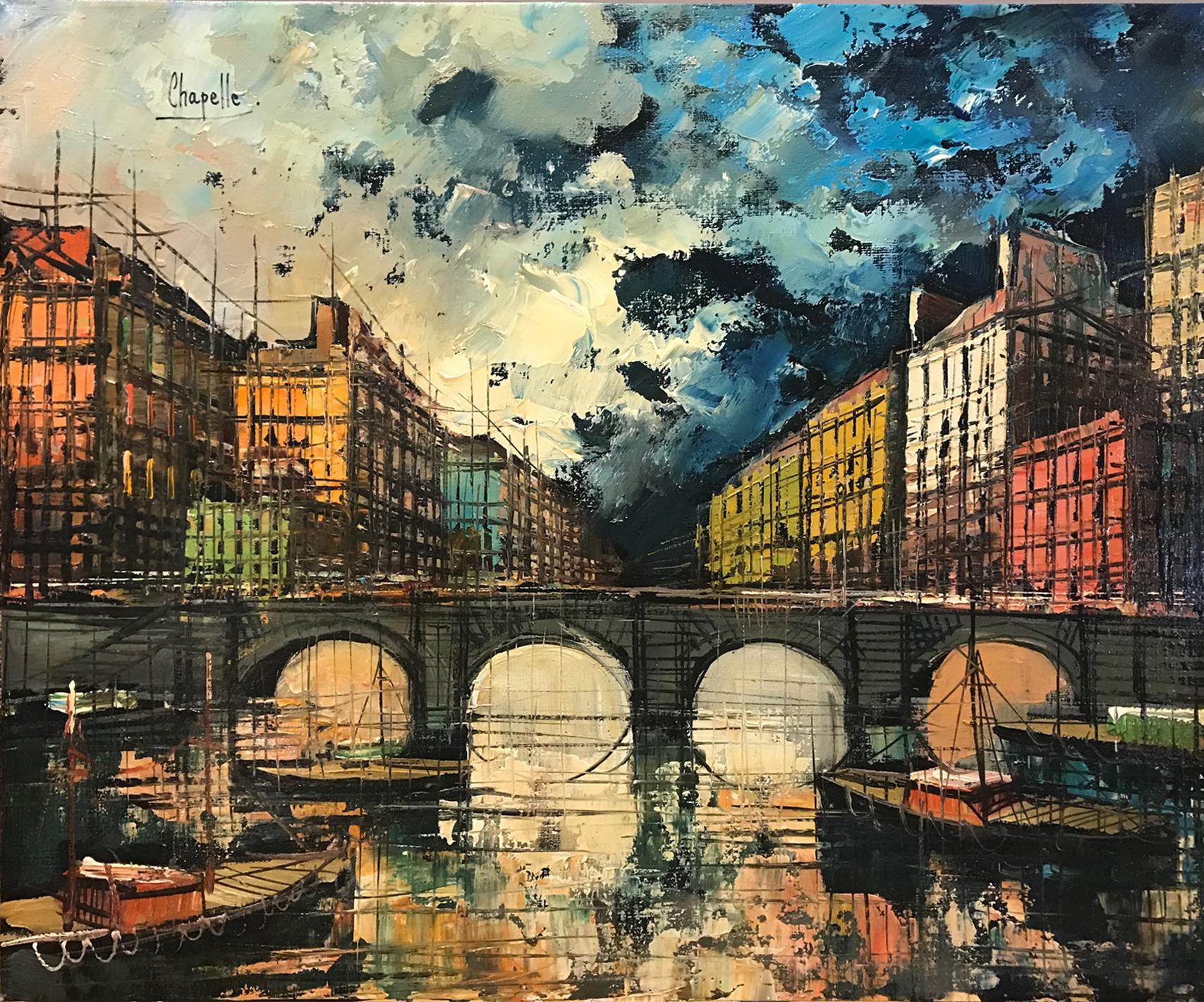 A painting by French artist Remi Chapelle, born 1969. The piece is a landscape from a series of works depicting city and canal scenes and draws upon the style of the early 20th-century Expressionist movement, utilizing vibrant colors to convey mood