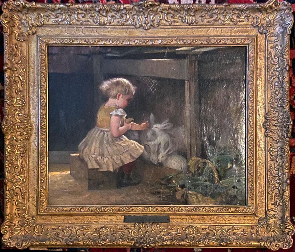Alfred Henri Bramtot Animal Painting - GIRL WITH RABBITS