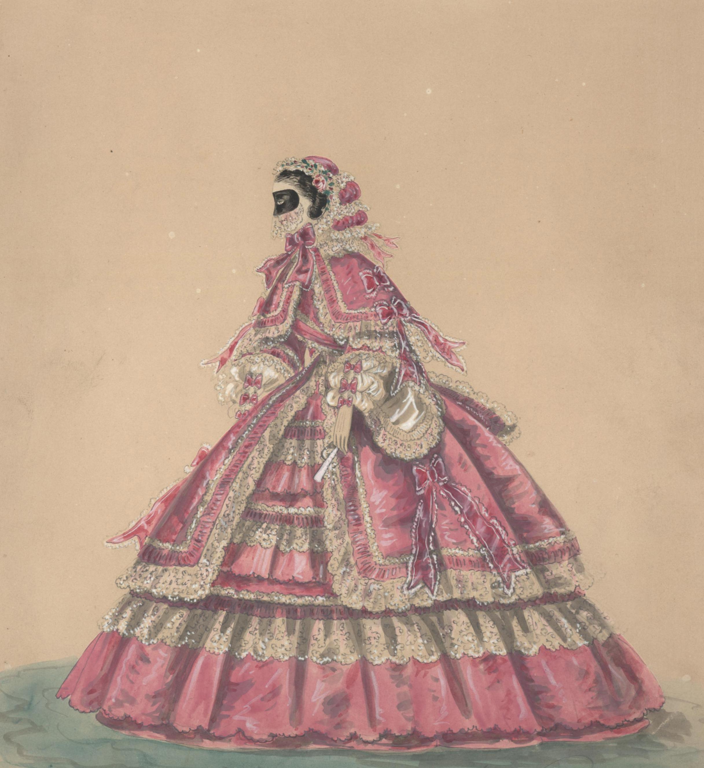 Elaborate Victorian Mauve Crinoline Bridal Gown - Art by Unknown