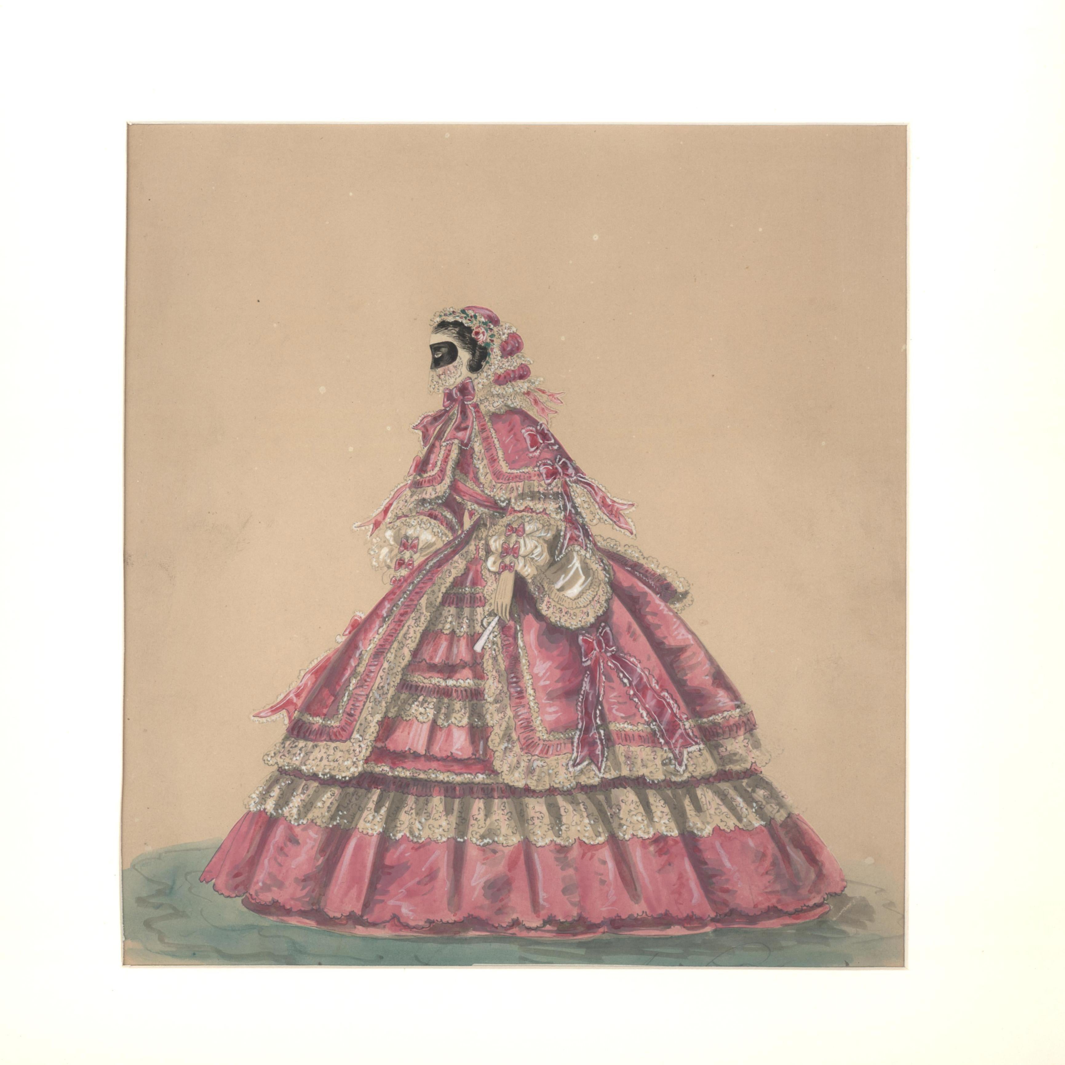 Unknown Figurative Art - Elaborate Victorian Mauve Crinoline Bridal Gown