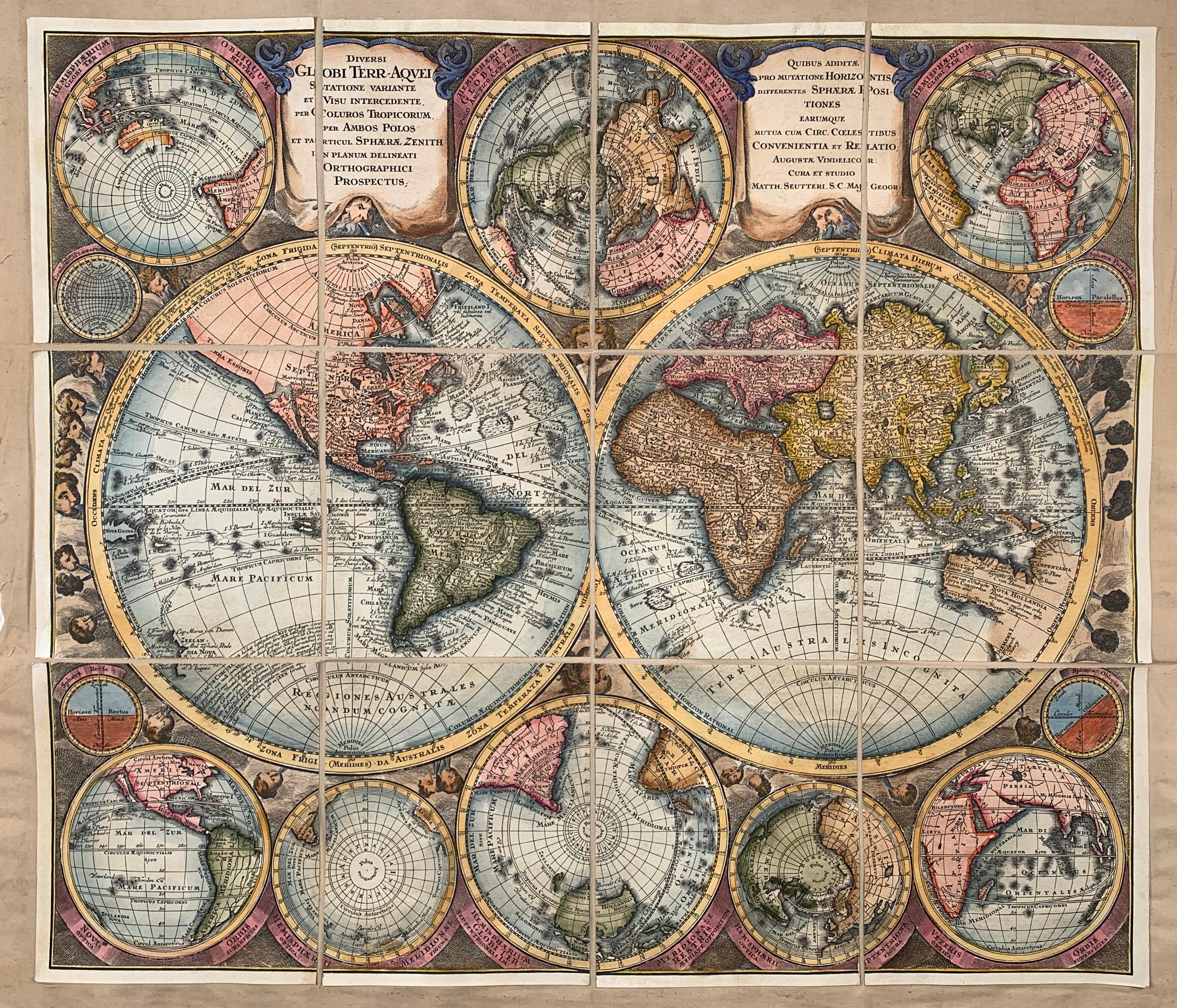 World Map entitled "Diversi Globi Terr-Aquei Statione Variante" by Seutter - Print by Mathew Seuter