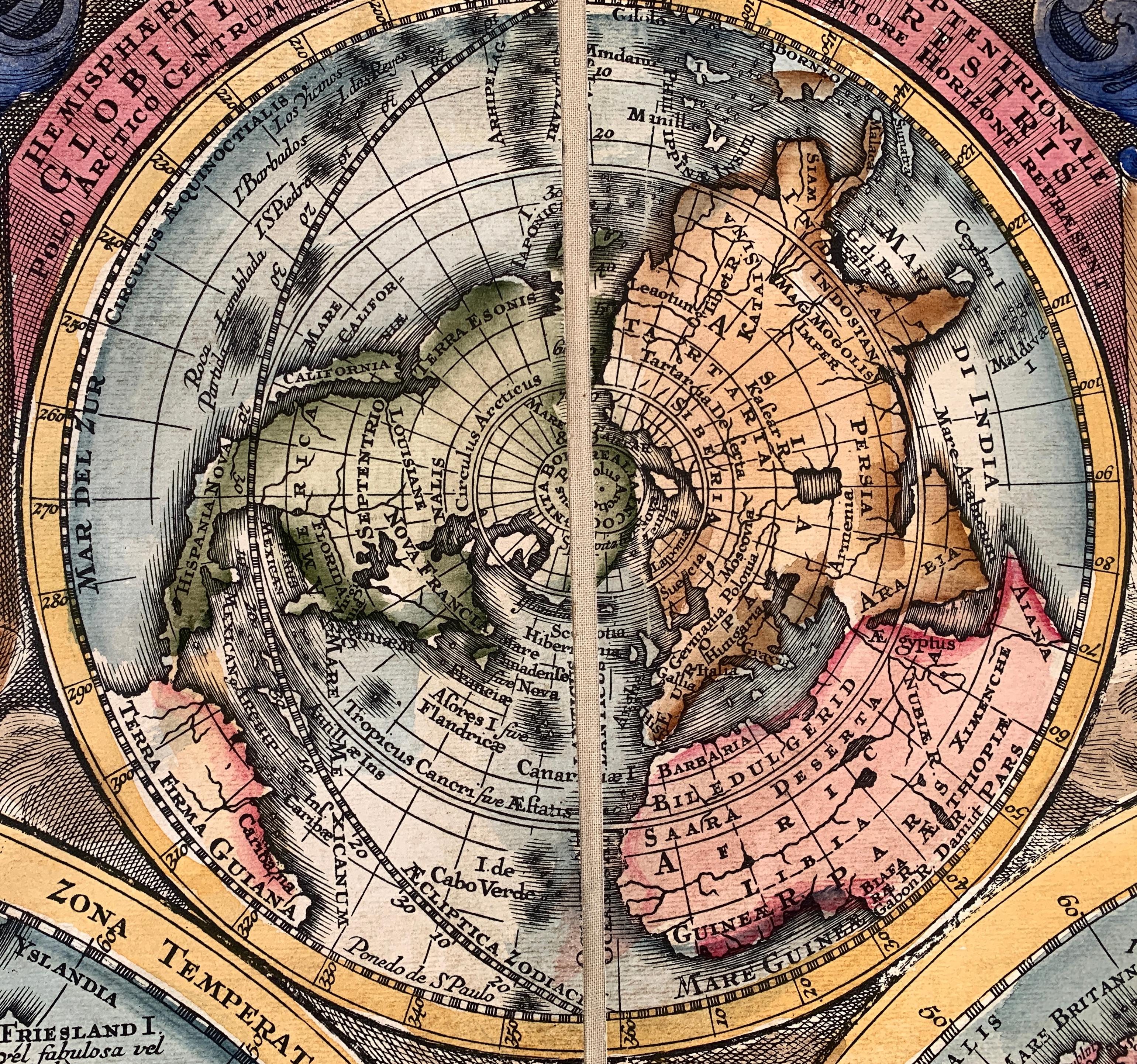 C. 1995 oversize, decorative, hand-colored re-strike engraving of an 18th-century world map by Georg Matthaus Seutter (1678-1757). This map has 14 hemispheric projections of all the continents and regions, blow heads, indicating climate zones, and