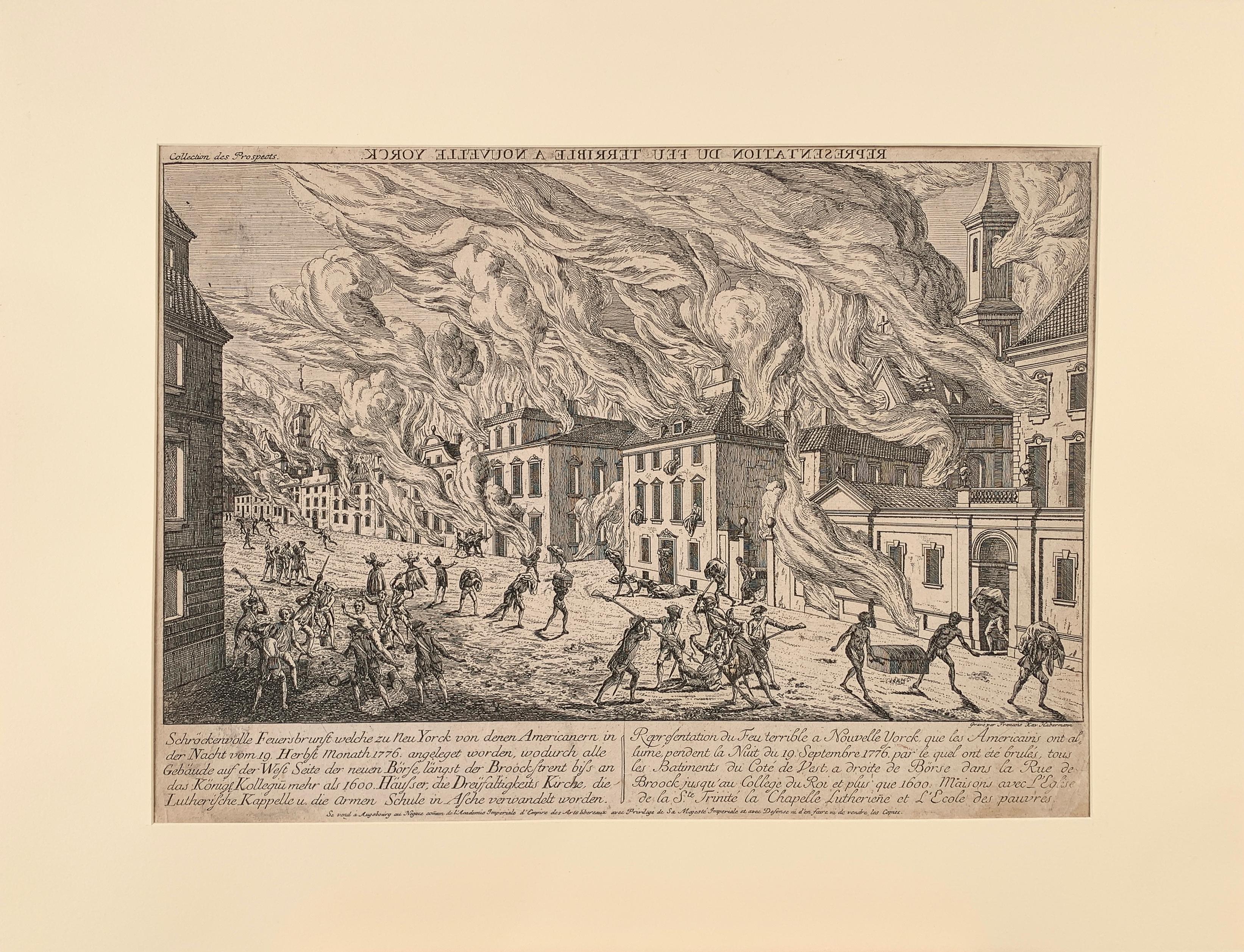 Franz Xaver Habermann Print - Fire 1776 in New York during the American Revolutionary War British Invasion 