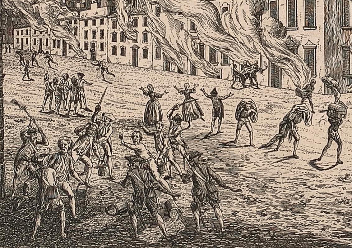 Fire 1776 in New York during the American Revolutionary War British Invasion  - Print by Franz Xaver Habermann
