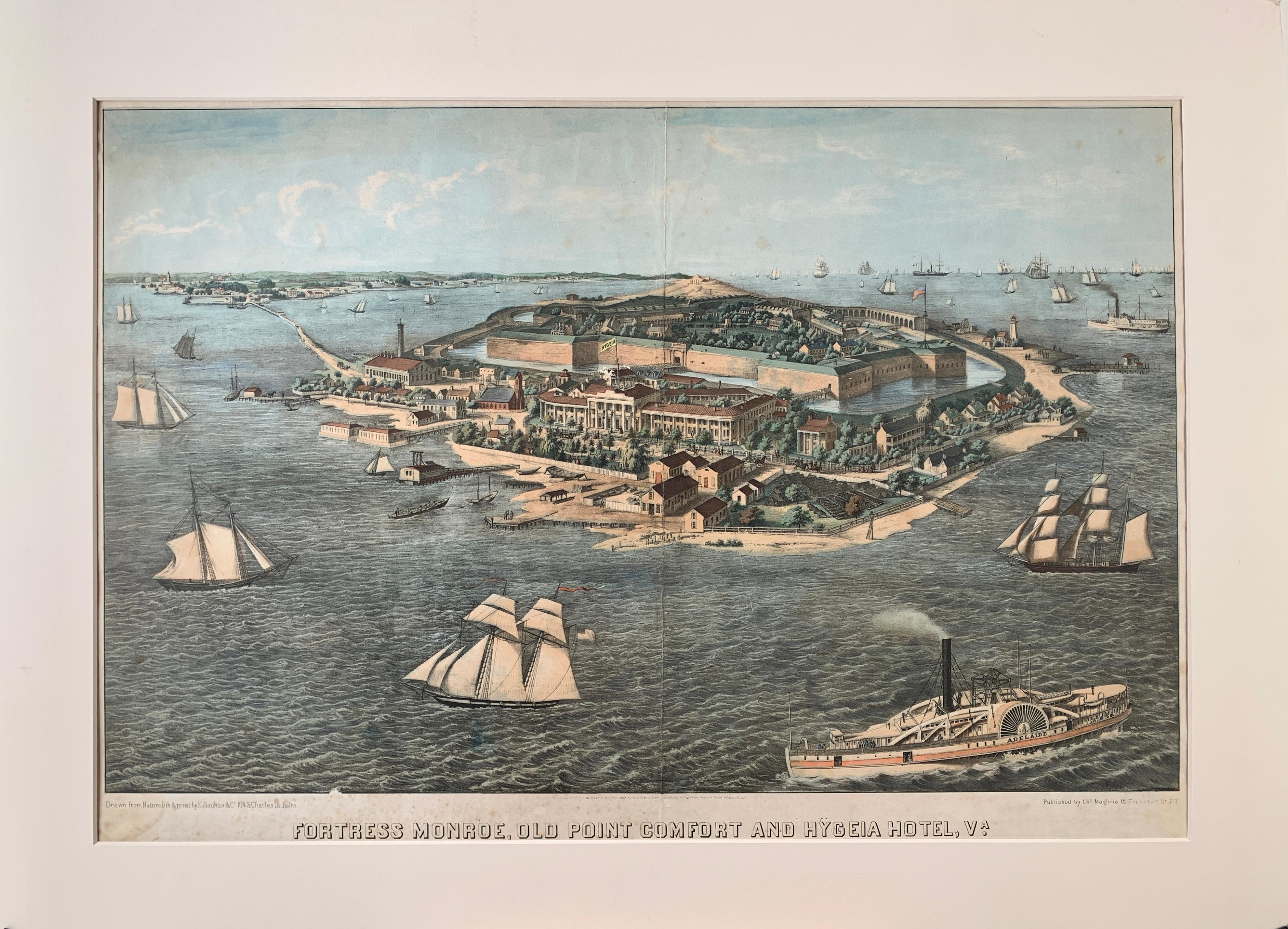 Edward Sachse Landscape Print - Fortress Monroe, Old Point Comfort and Hygeia Hotel, VA