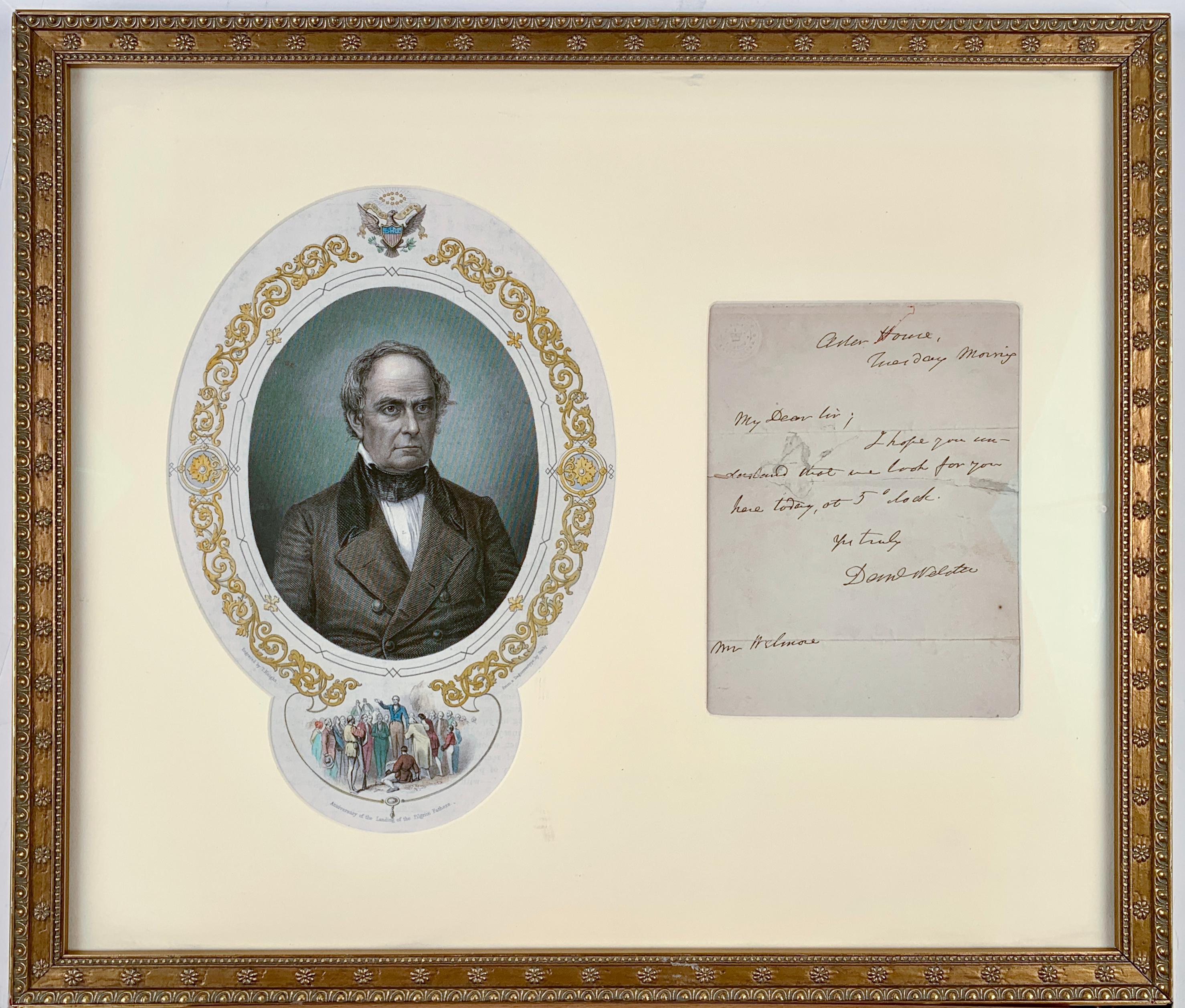 Engraving of Danial Webster and Signed Letter - Art by (after) Matthew Brady