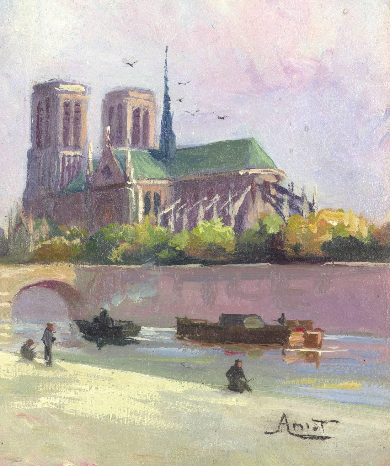 Notre Dame, Paris, From the Left Bank on a on 1940s Summer Day - Painting by Jean Amiot