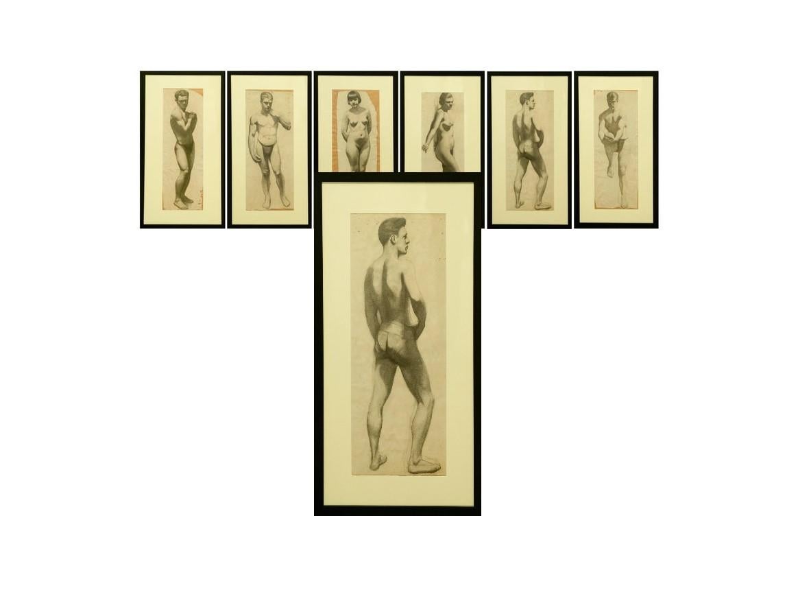 Six Framed (32 x 17 in) Charcoal Figure Drawings - Art by Maurice Newman