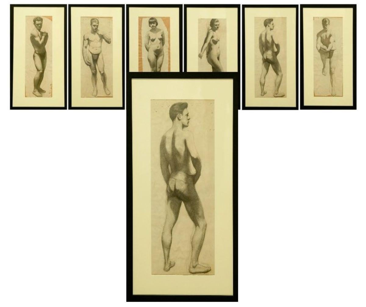 Maurice Newman Nude - Six Framed (32 x 17 in) Charcoal Figure Drawings
