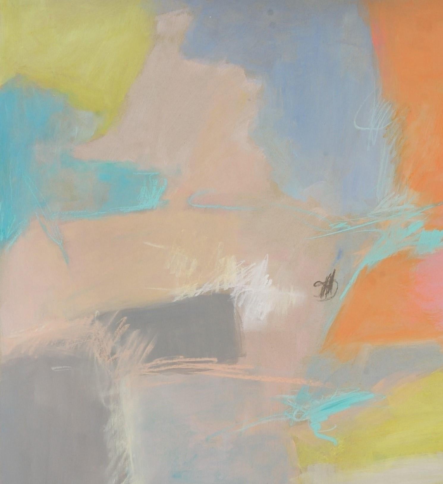 This original painting on paper by Deborah Brisker Burke is signed on the back by the artist. It is unframed. The abstract composition has shades of blush, blue, yellow, orange, grey and pink through out the piece.   

Debbie Brisker Burk's process