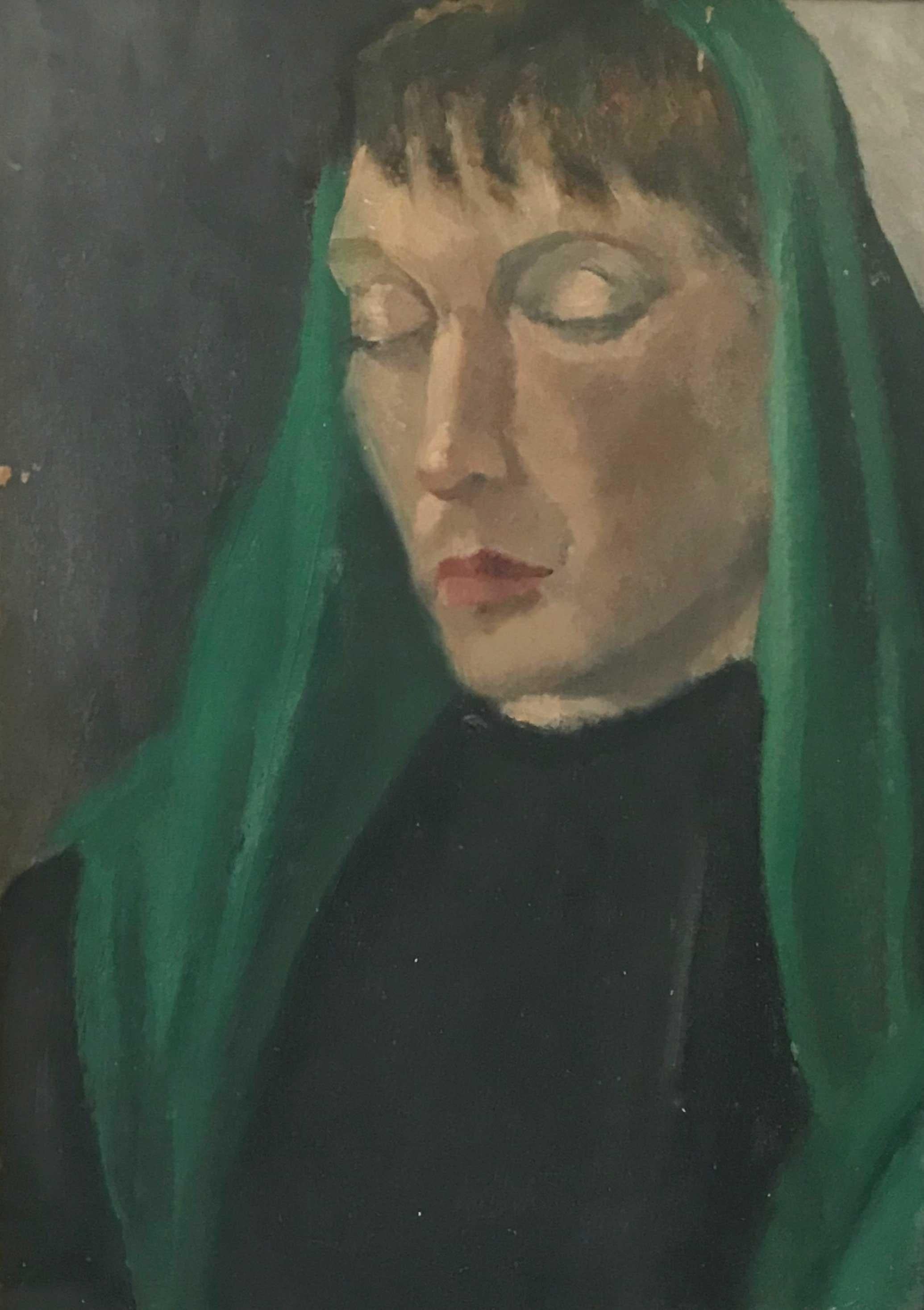 Portrait Painting A.M.Coates - Jeune fille au foulard vert, 20e siècle Portrait à l'huile