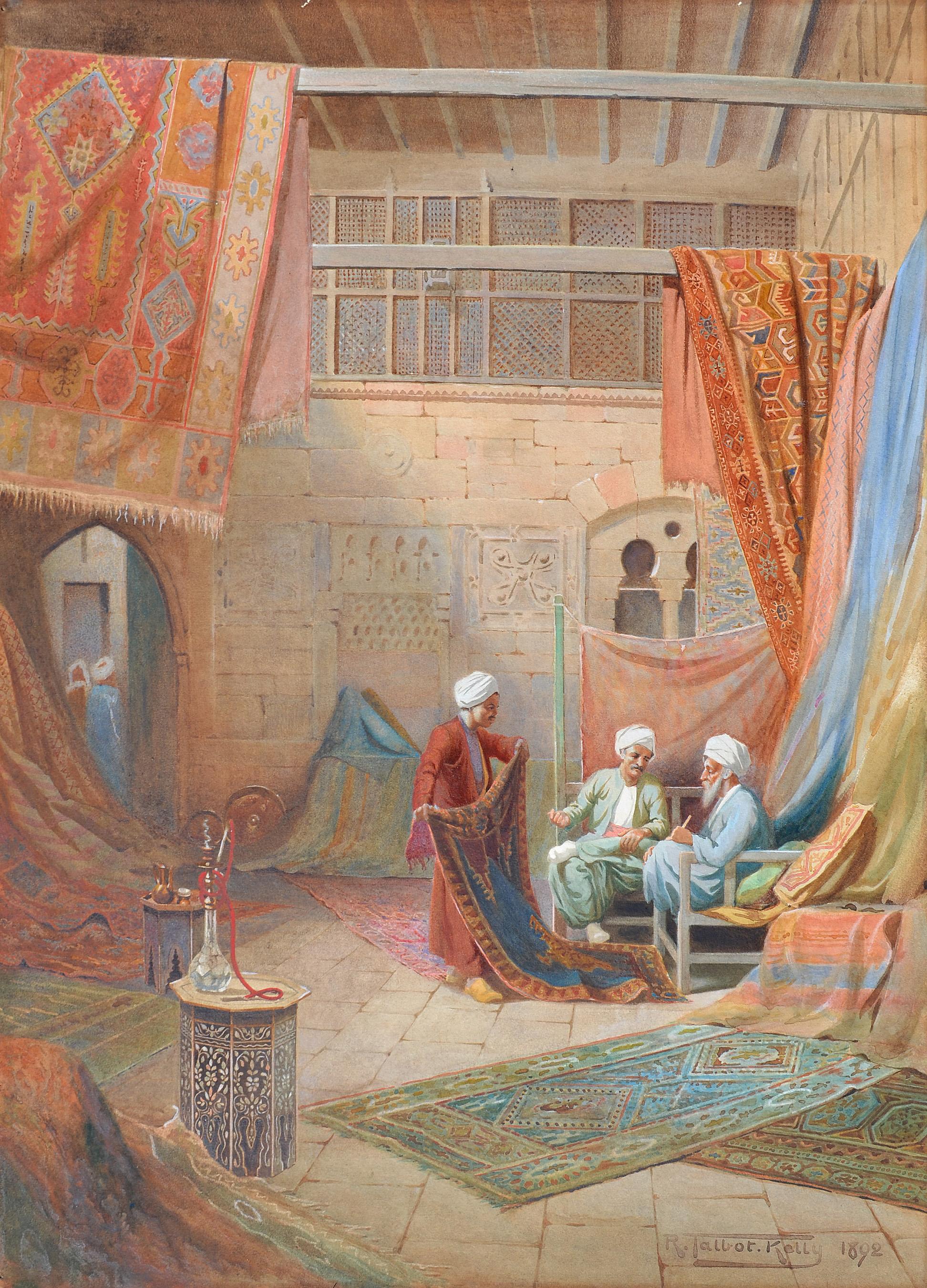 The Carpet Bazaar, 19th Century Orientalist Watercolour and bodycolour - Art by Robert George Talbot Kelly