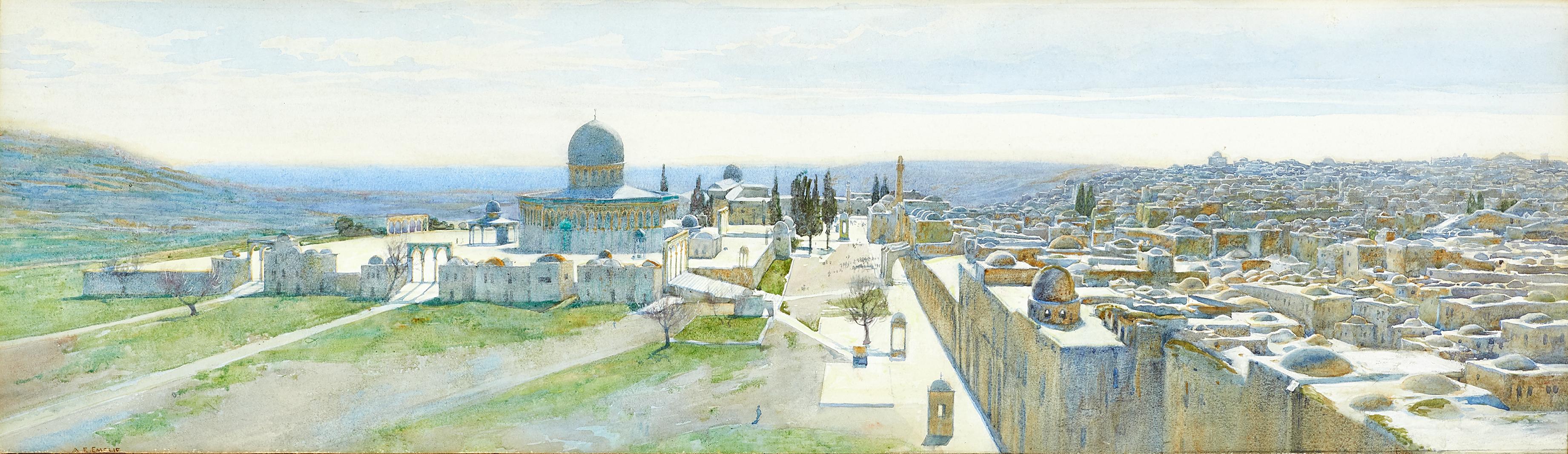Alfred Edward Emslie Landscape Art - Dome of the Rock and Temple Area from the North, 18th Century Watercolour